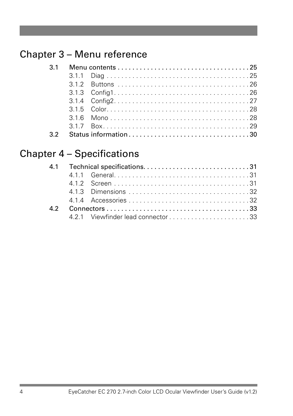 Chapter 3 – menu reference, Chapter 4 – specifications | Grass Valley EC 270 User Manual | Page 4 / 36