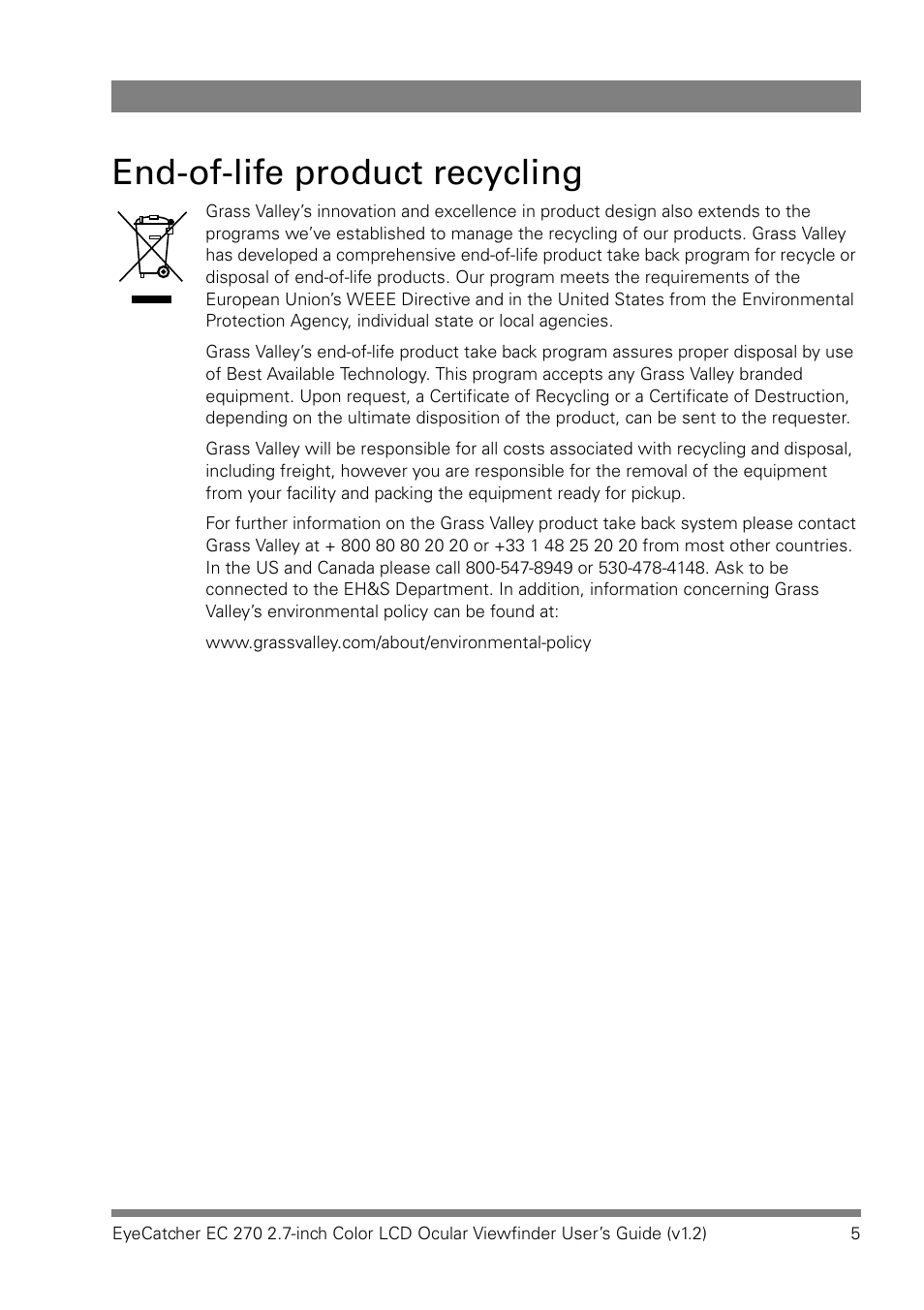 End-of-life product recycling | Grass Valley EC 270 User Manual | Page 5 / 36