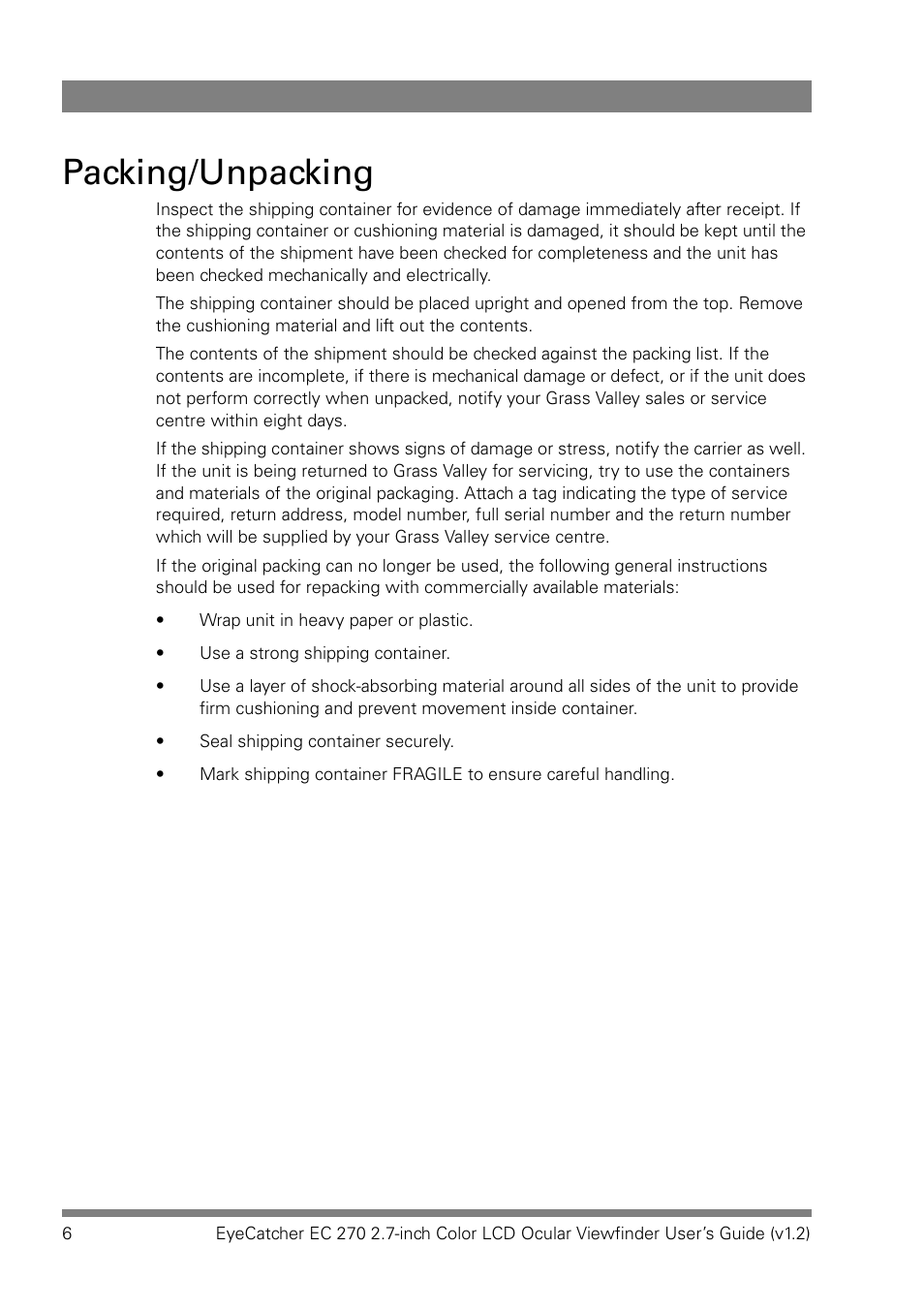 Packing/unpacking | Grass Valley EC 270 User Manual | Page 6 / 36