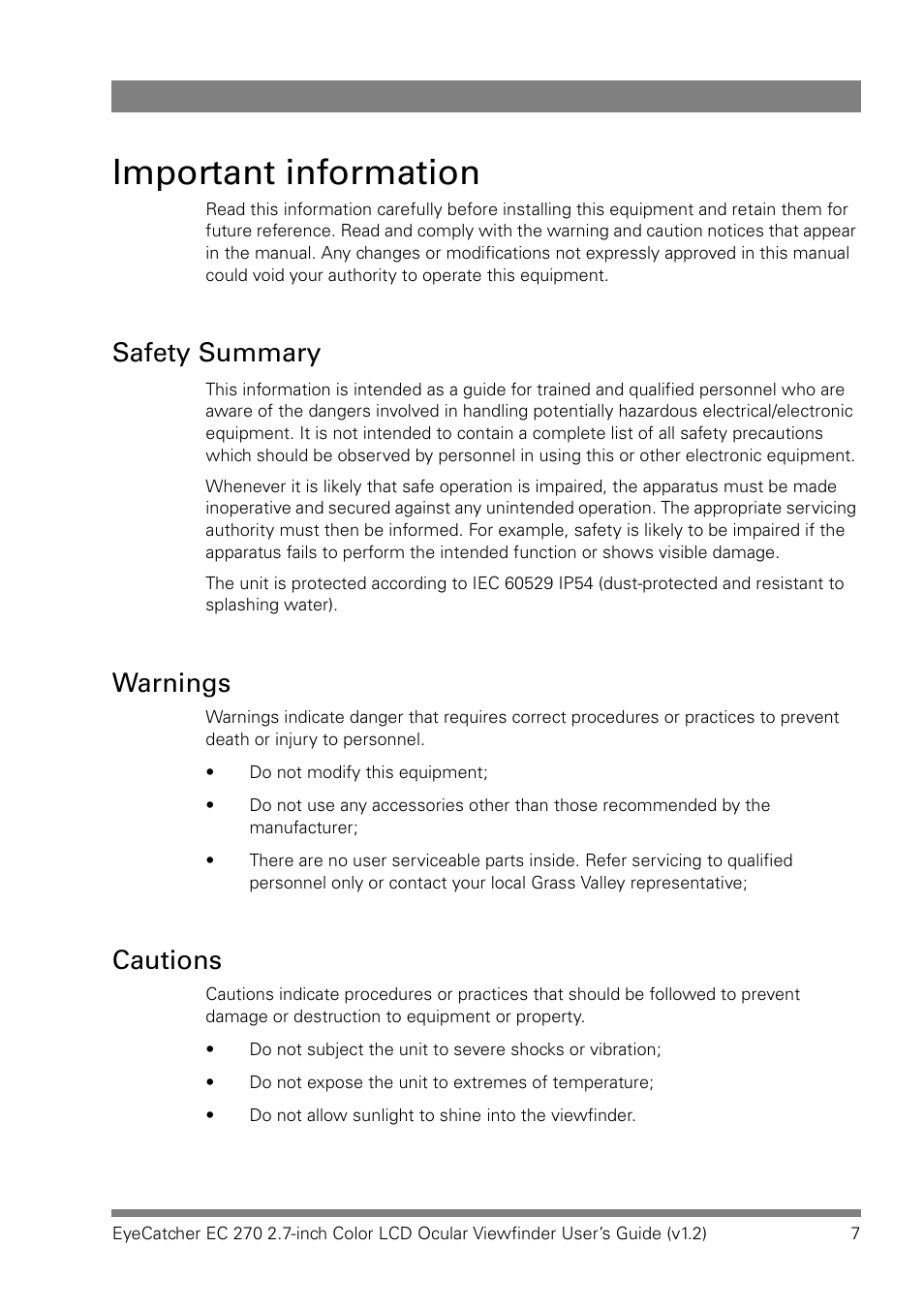 Important information, Safety summary, Warnings | Cautions | Grass Valley EC 270 User Manual | Page 7 / 36