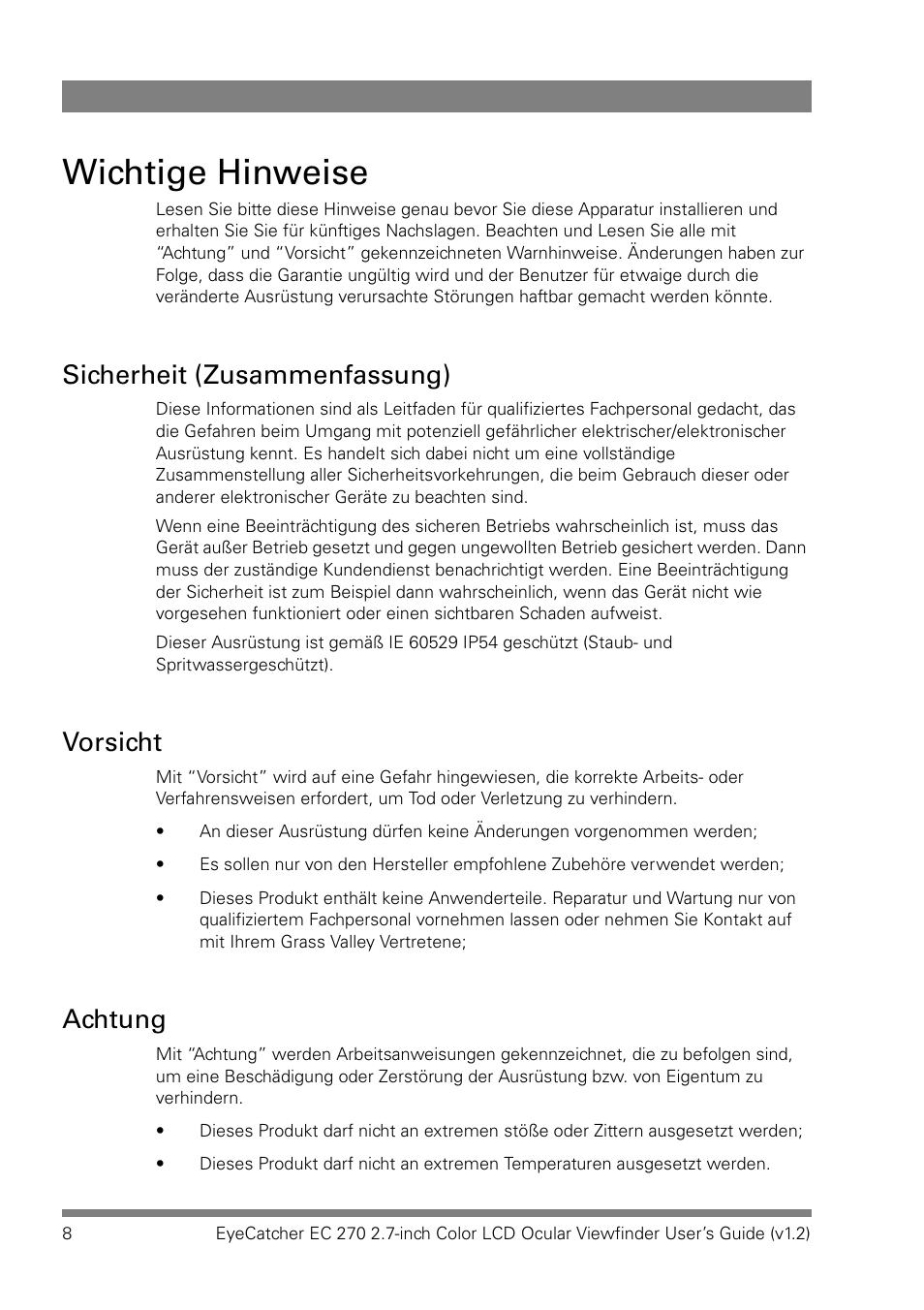 Wichtige hinweise, Sicherheit (zusammenfassung), Vorsicht | Achtung | Grass Valley EC 270 User Manual | Page 8 / 36