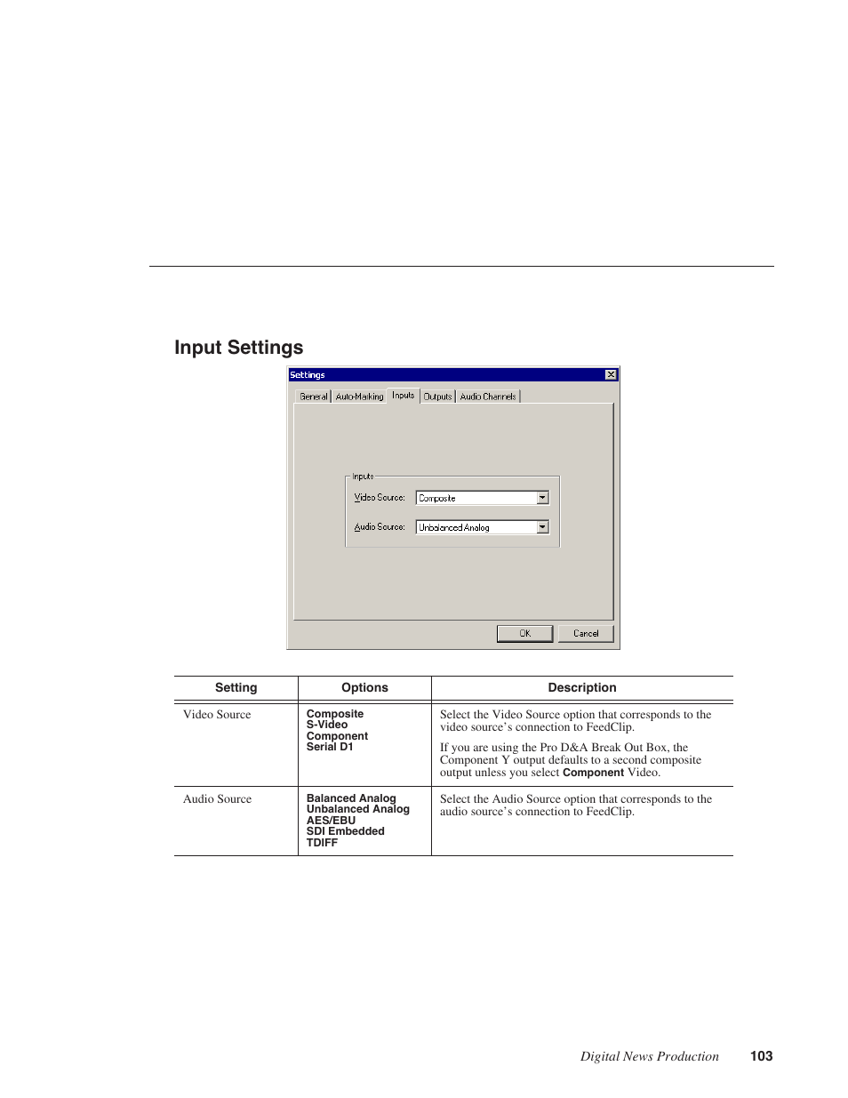 Input settings | Grass Valley FeedClip v.4.5 User Manual | Page 104 / 125