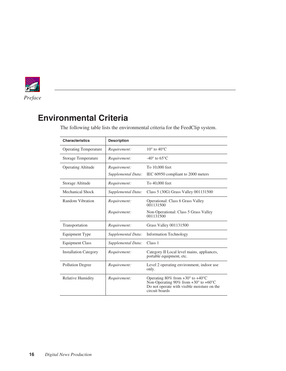 Environmental criteria, Preface | Grass Valley FeedClip v.4.5 User Manual | Page 17 / 125