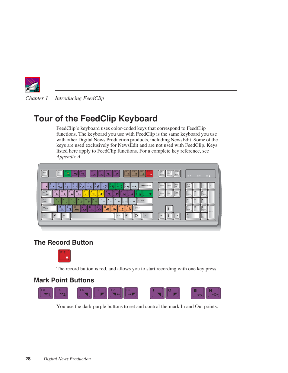 Tour of the feedclip keyboard, The record button, Mark point buttons | The record button mark point buttons, Chapter 1 introducing feedclip, 28 digital news production, Bo n | Grass Valley FeedClip v.4.5 User Manual | Page 29 / 125