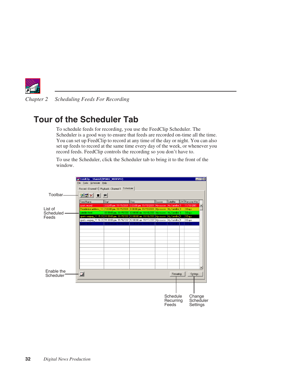 Tour of the scheduler tab | Grass Valley FeedClip v.4.5 User Manual | Page 33 / 125