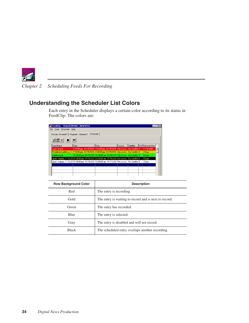 Understanding the scheduler list colors | Grass Valley FeedClip v.4.5 User Manual | Page 35 / 125