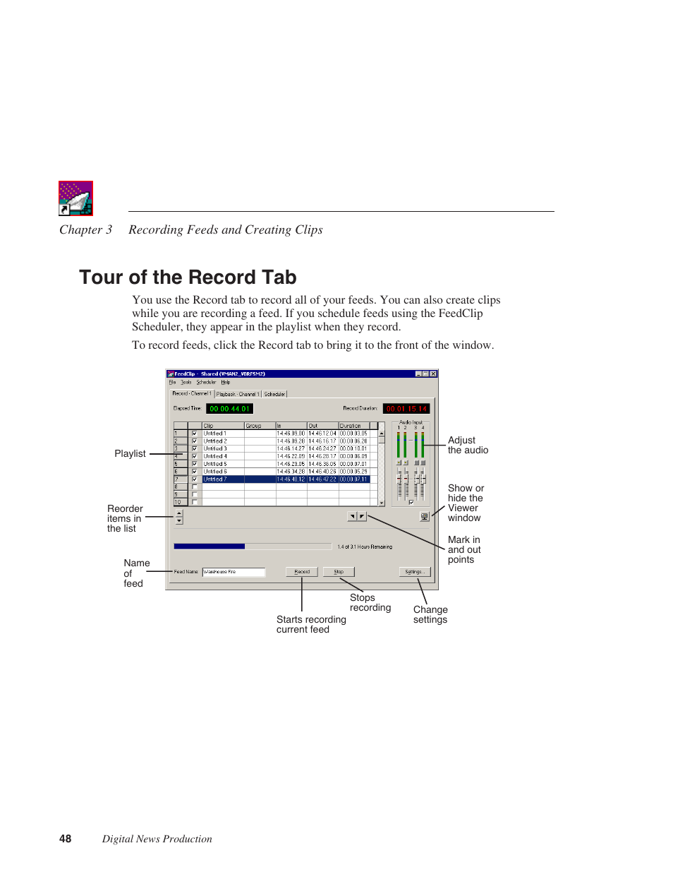 Tour of the record tab | Grass Valley FeedClip v.4.5 User Manual | Page 49 / 125