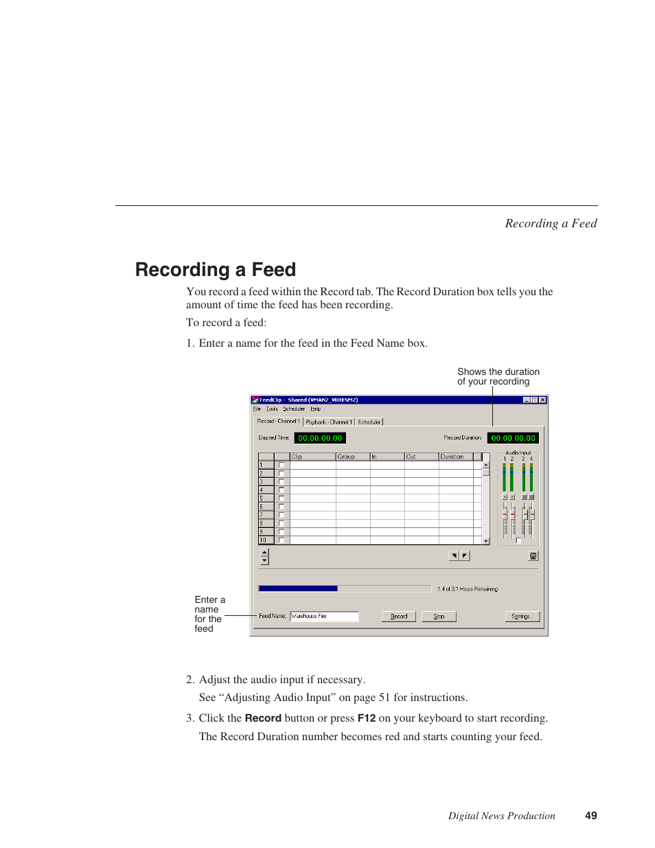 Recording a feed | Grass Valley FeedClip v.4.5 User Manual | Page 50 / 125