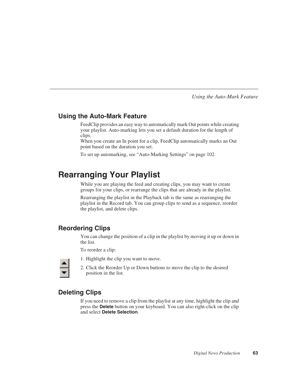 Using the auto-mark feature, Rearranging your playlist, Reordering clips | Deleting clips, Reordering clips deleting clips | Grass Valley FeedClip v.4.5 User Manual | Page 64 / 125