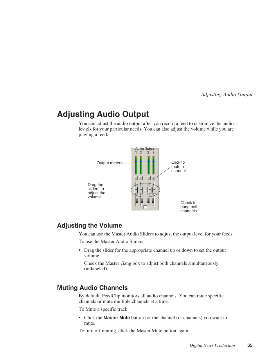 Adjusting audio output, Adjusting the volume, Muting audio channels | Adjusting the volume muting audio channels | Grass Valley FeedClip v.4.5 User Manual | Page 66 / 125