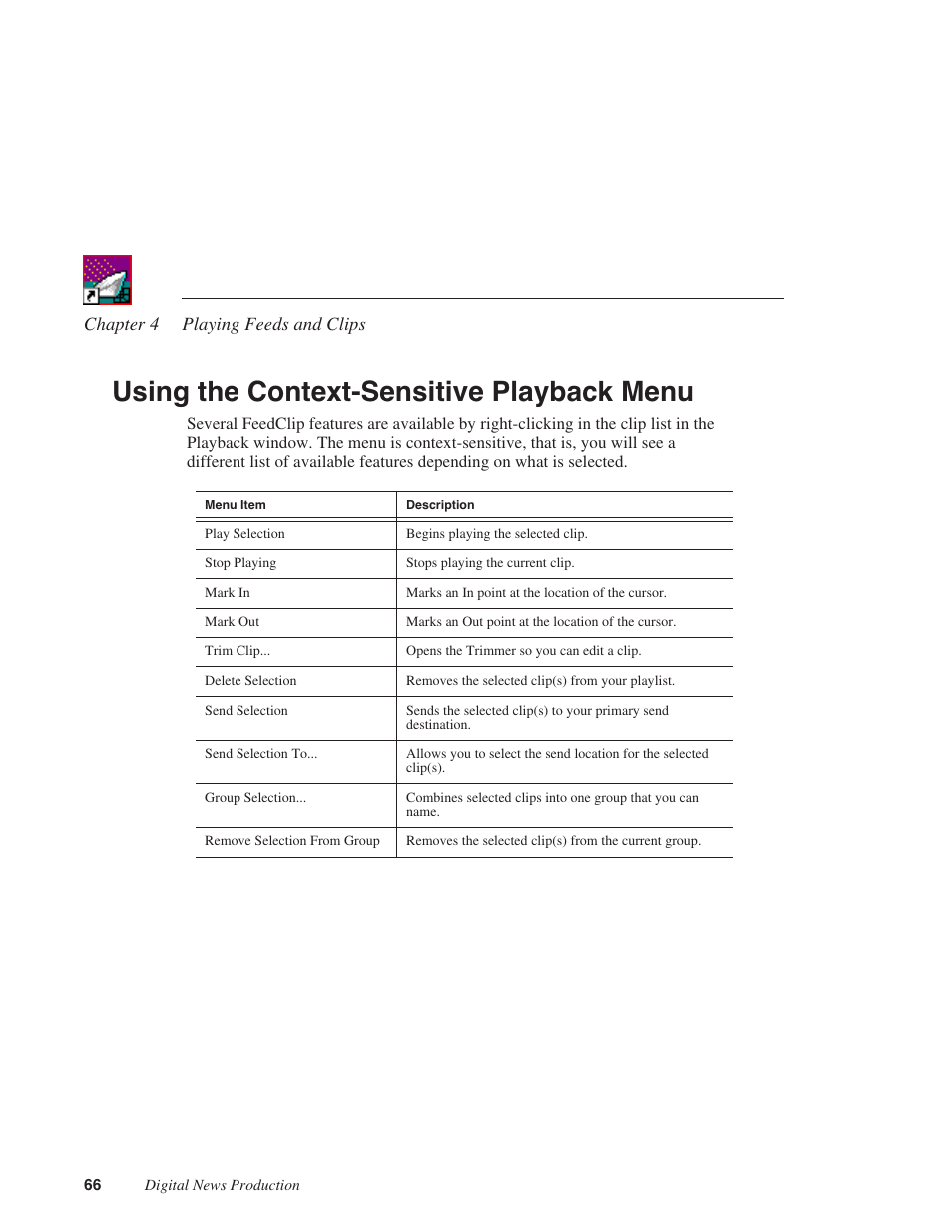 Using the context-sensitive playback menu | Grass Valley FeedClip v.4.5 User Manual | Page 67 / 125