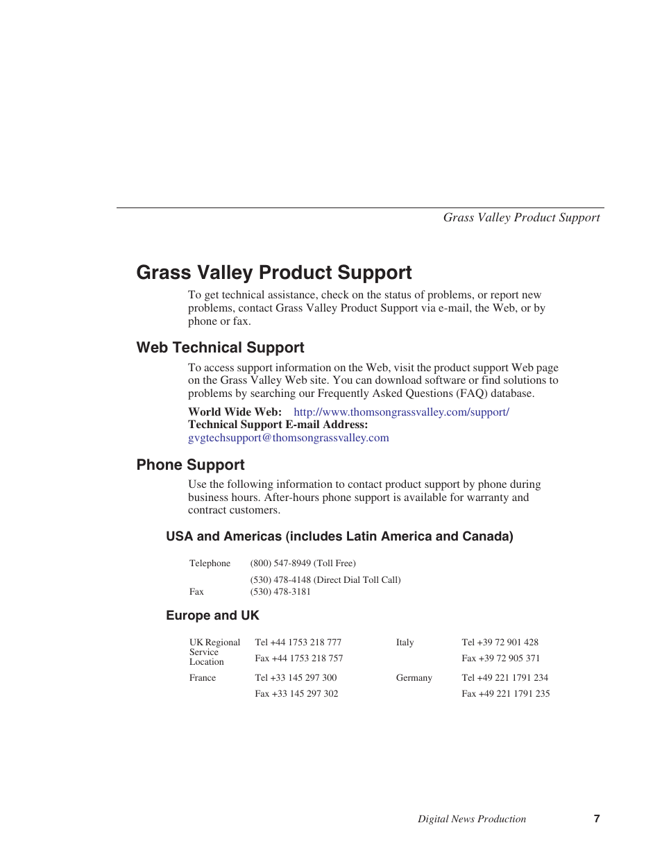 Grass valley product support, Web technical support, Phone support | Grass Valley FeedClip v.4.5 User Manual | Page 8 / 125