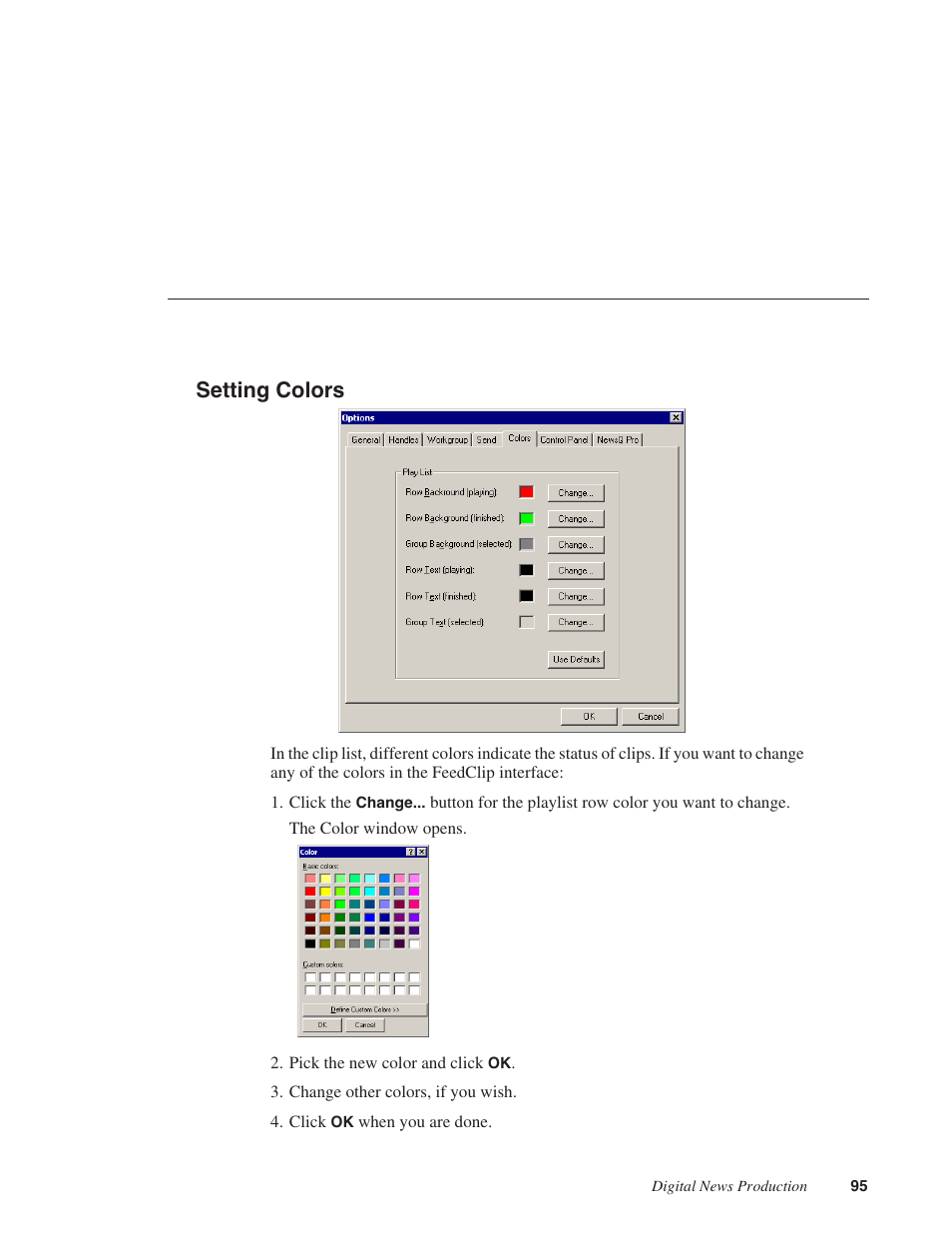 Setting colors | Grass Valley FeedClip v.4.5 User Manual | Page 96 / 125