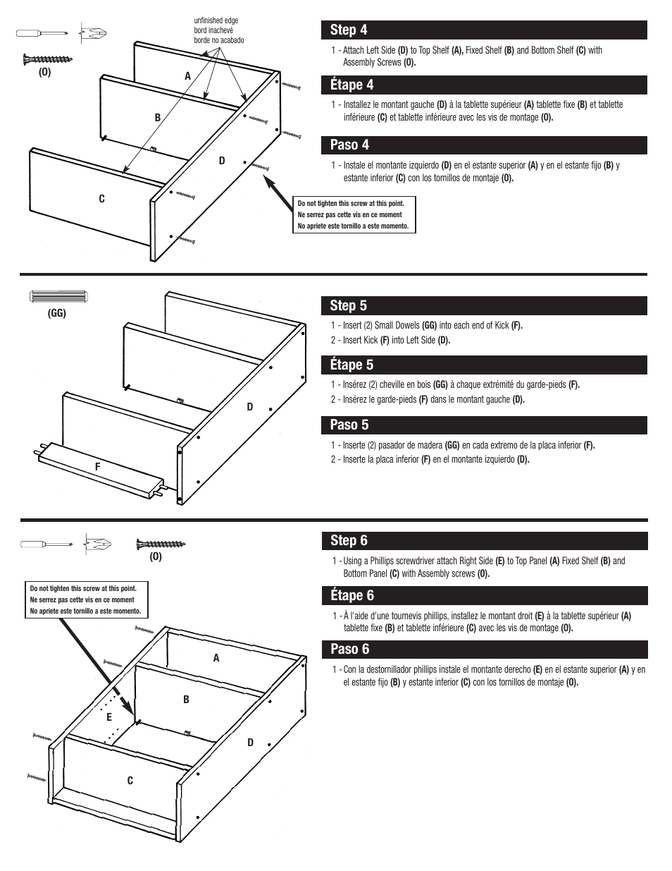 Step 4, Étape 4, Paso 4 | Step 5, Étape 5, Paso 5, Step 6, Étape 6, Paso 6 | Closet Maid 2 Door Organizer with Drawer SO2DDW User Manual | Page 4 / 7