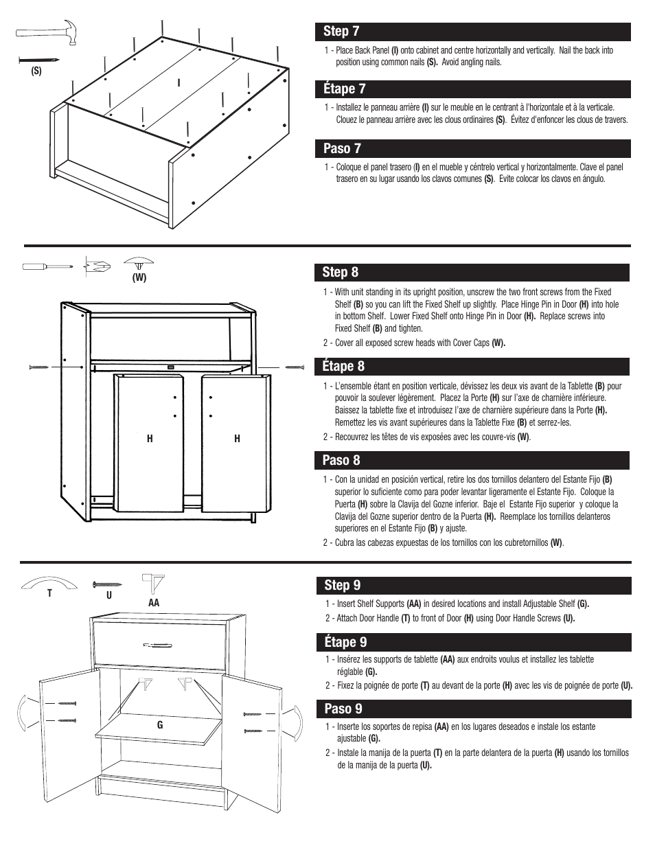 Step 7, Étape 7, Paso 7 | Step 8, Paso 8, Step 9, Étape 9, Paso 9, Étape 8 | Closet Maid 2 Door Organizer with Drawer SO2DDW User Manual | Page 5 / 7