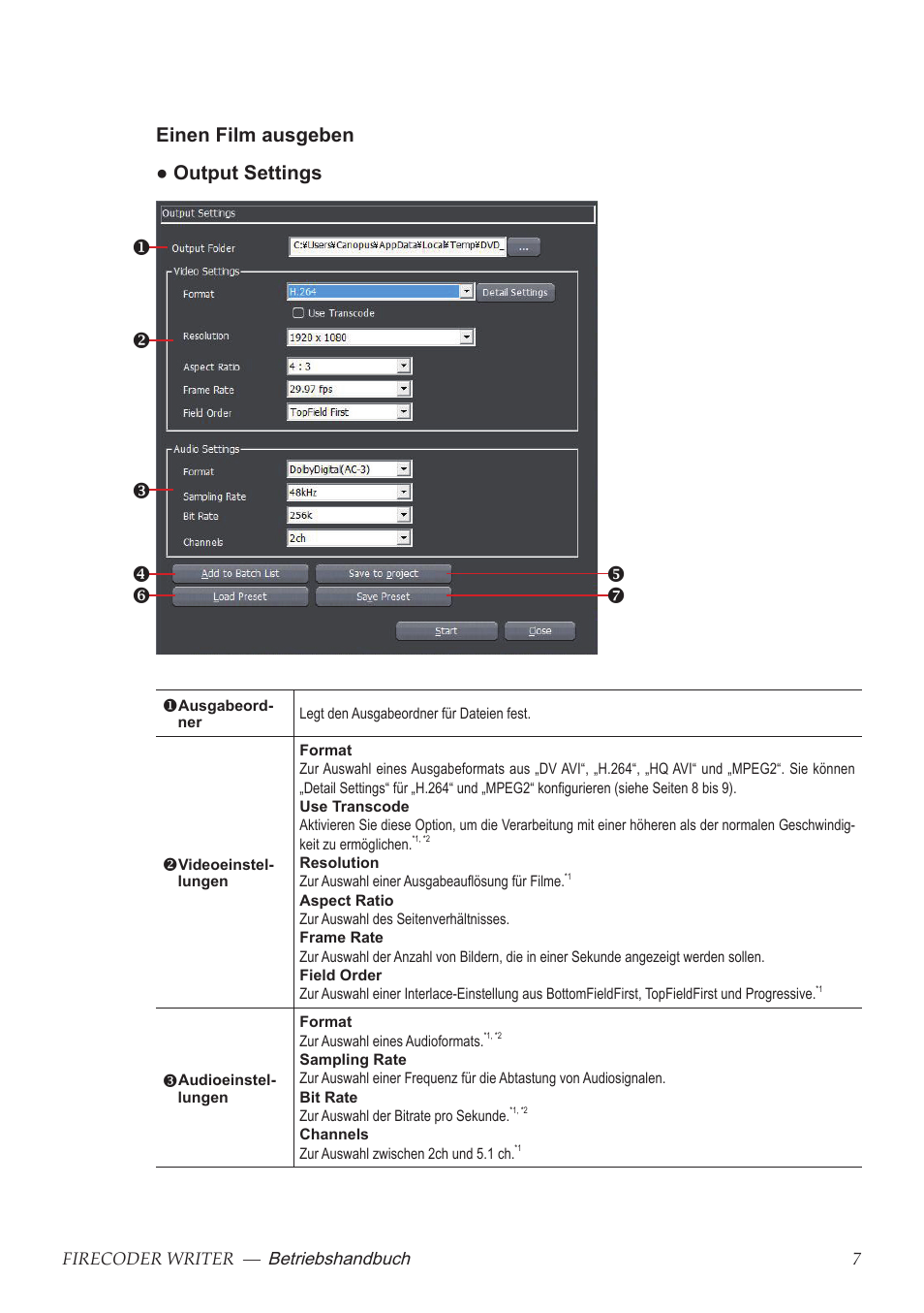 Einen film ausgeben ● output settings | Grass Valley FIRECODER Writer User Manual | Page 30 / 66