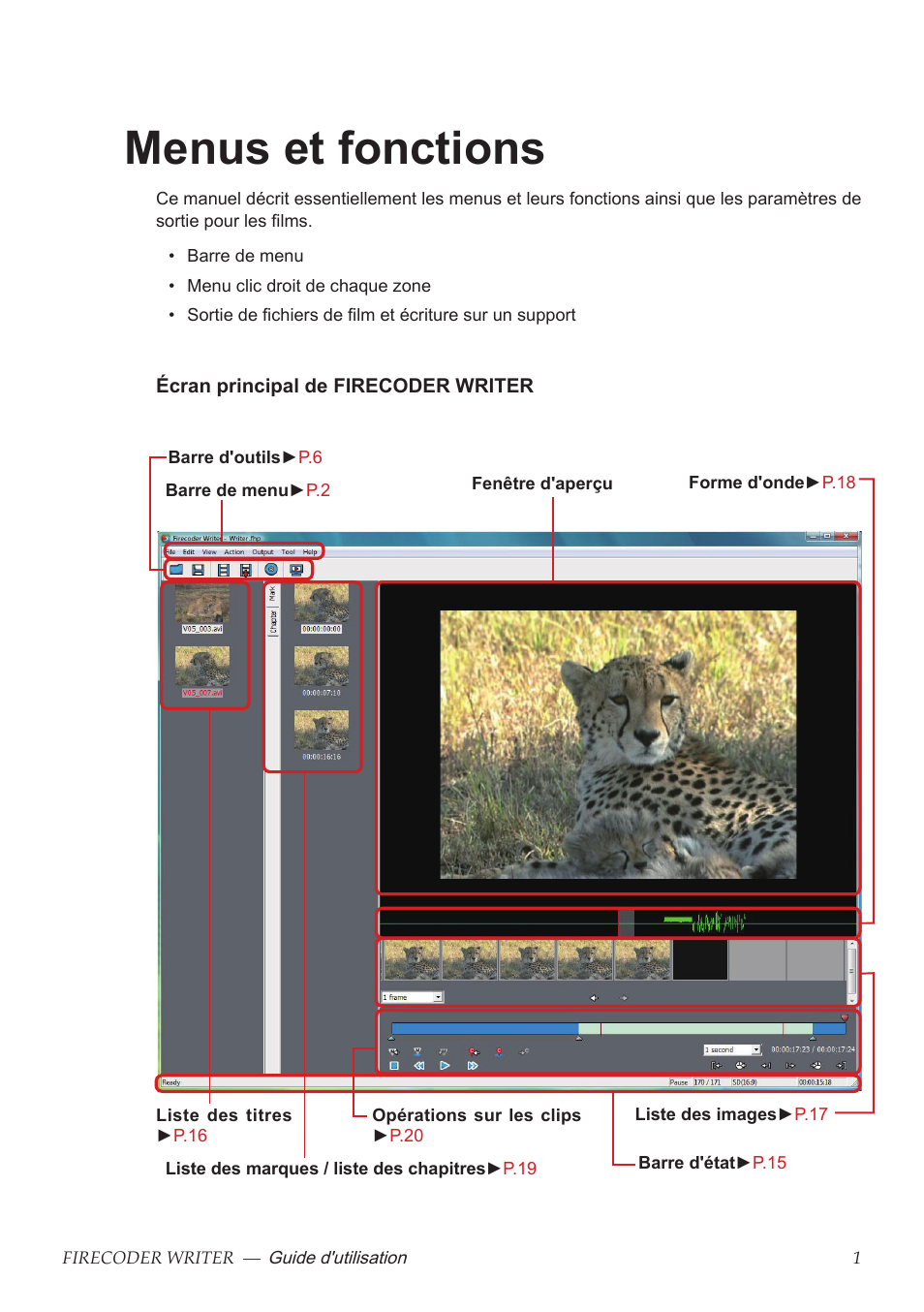 Menus et fonctions | Grass Valley FIRECODER Writer User Manual | Page 46 / 66