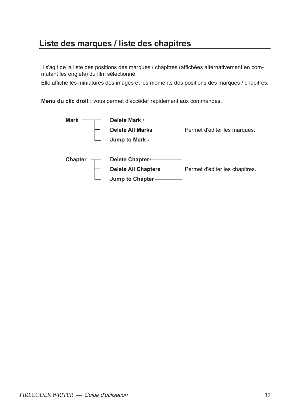 Liste des marques / liste des chapitres | Grass Valley FIRECODER Writer User Manual | Page 64 / 66