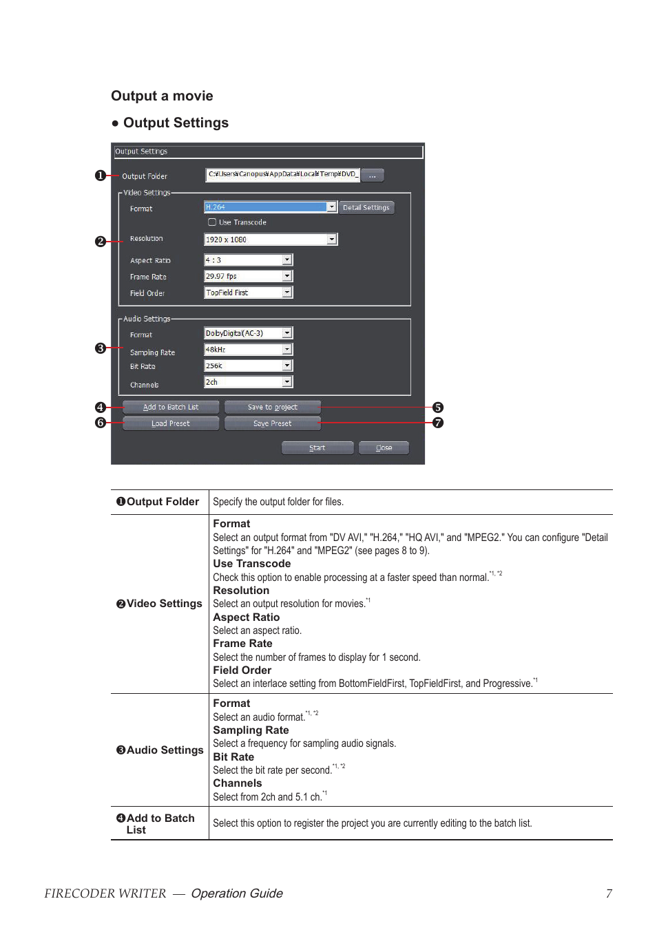 Output a movie ● output settings | Grass Valley FIRECODER Writer User Manual | Page 8 / 66