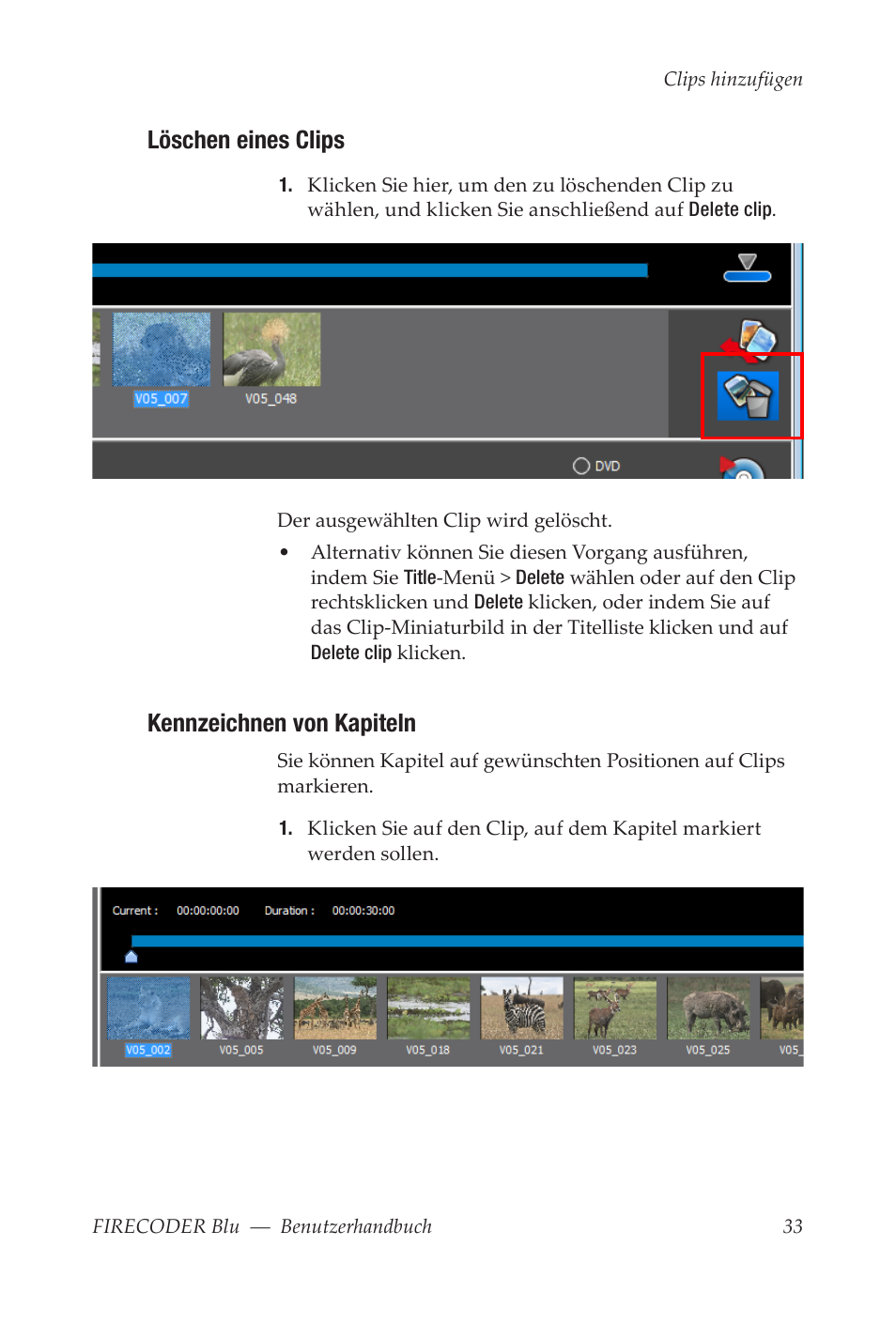 Löschen eines clips, Kennzeichnen von kapiteln | Grass Valley FIRECODER Blu User Manual | Page 107 / 216