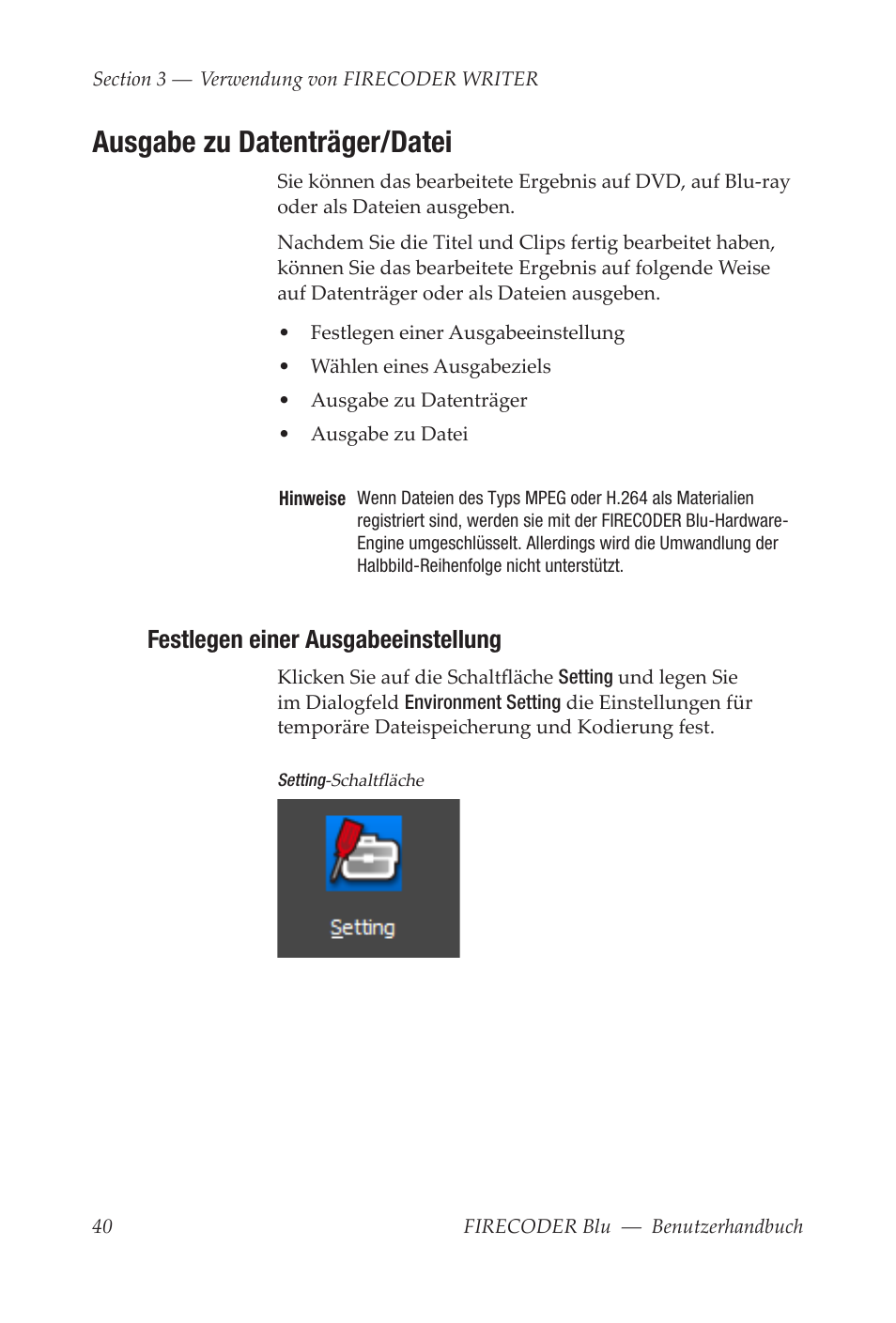 Ausgabe zu datenträger/datei, Festlegen einer ausgabeeinstellung | Grass Valley FIRECODER Blu User Manual | Page 114 / 216