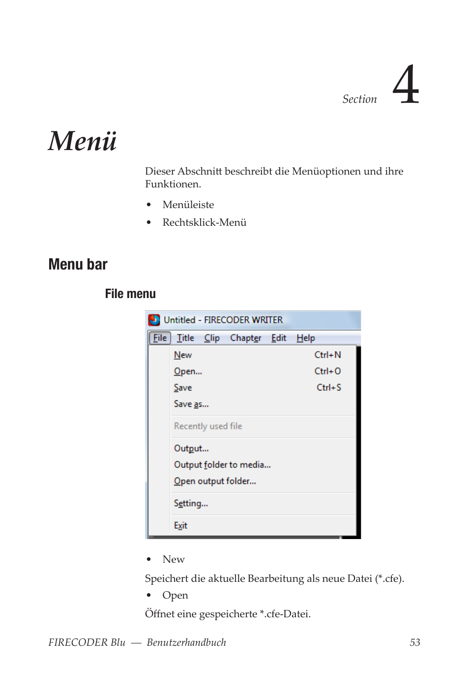 Menü, Menu bar, File menu | Grass Valley FIRECODER Blu User Manual | Page 127 / 216