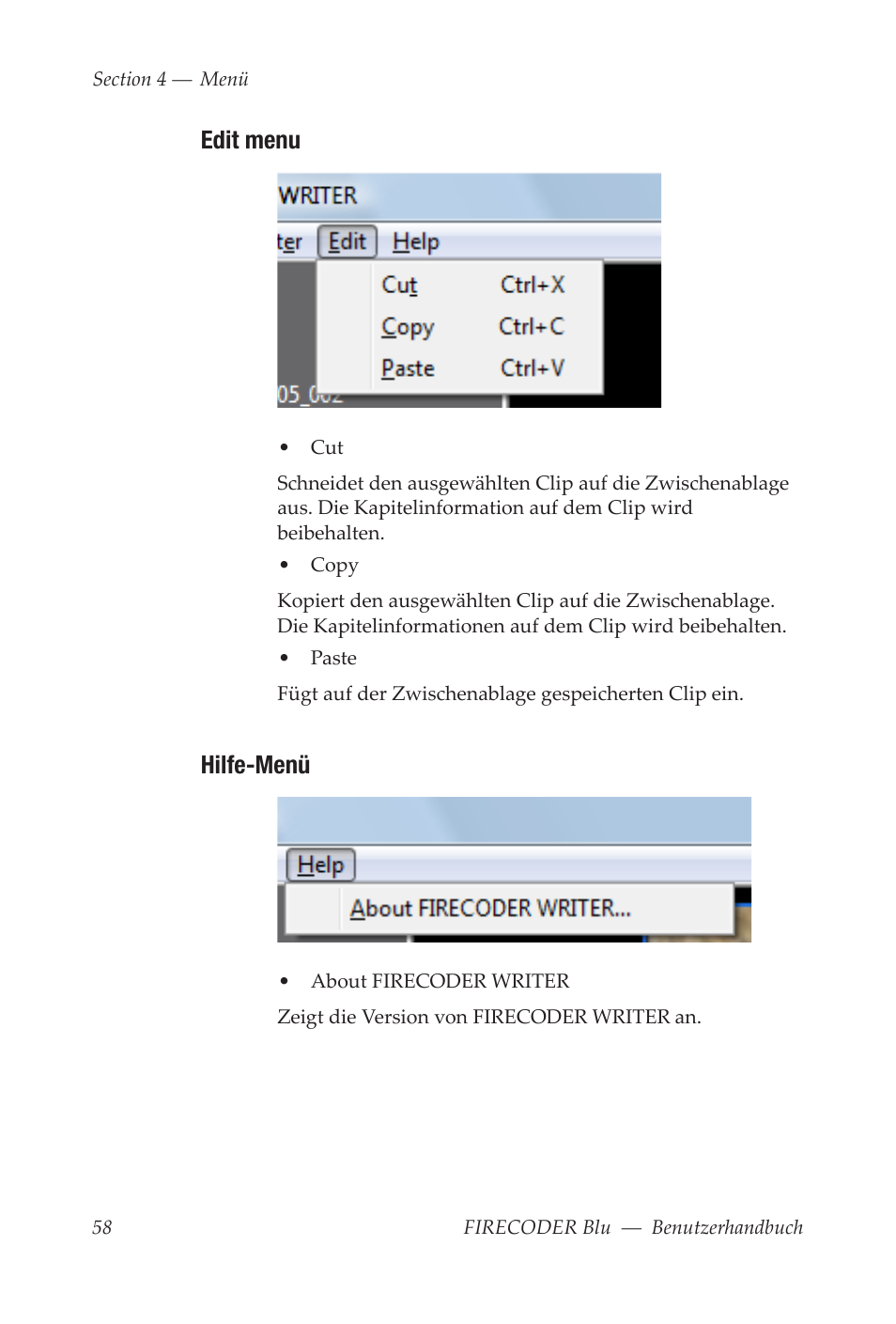 Edit menu, Hilfe-menü | Grass Valley FIRECODER Blu User Manual | Page 132 / 216
