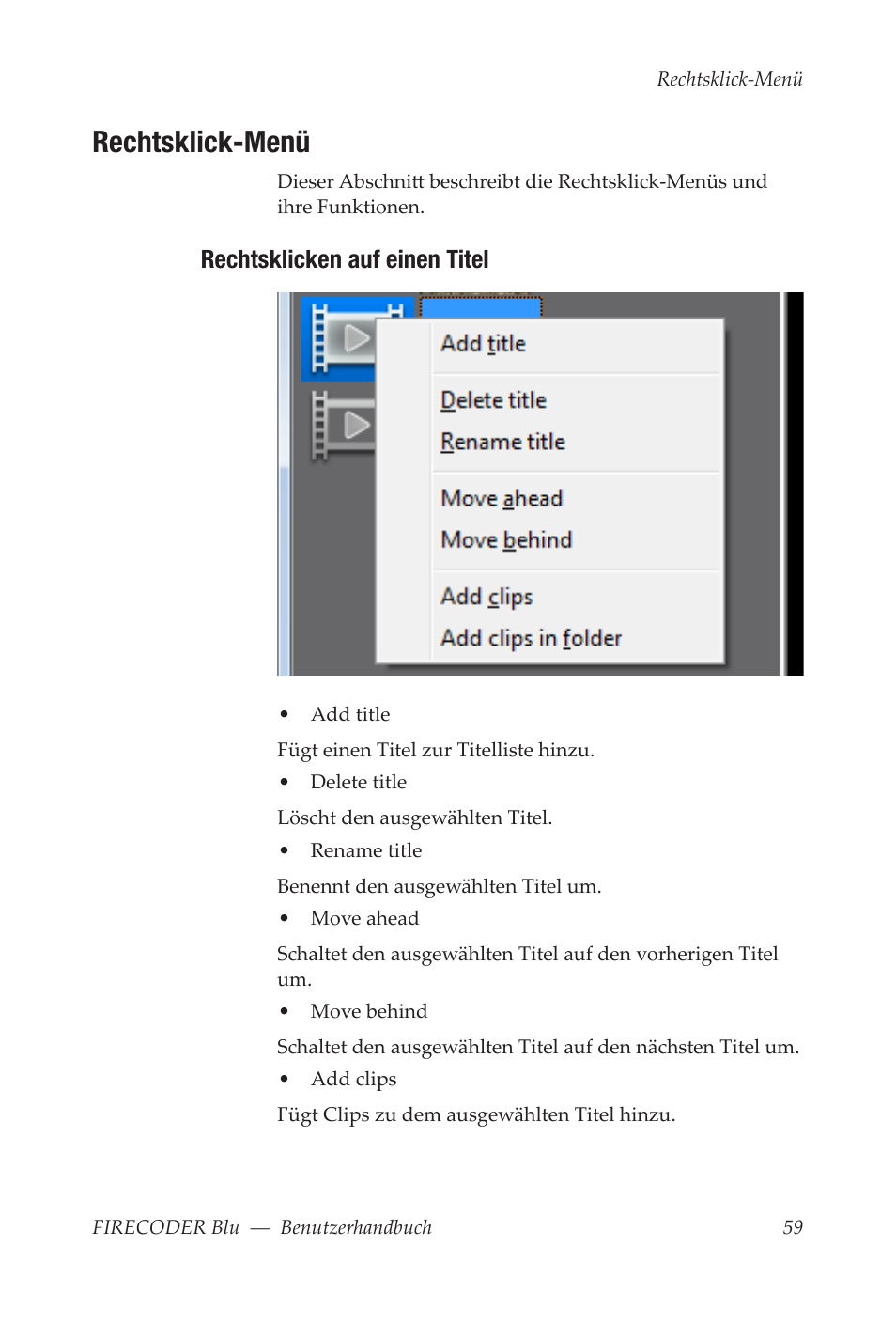 Rechtsklick-menü, Rechtsklicken auf einen titel | Grass Valley FIRECODER Blu User Manual | Page 133 / 216