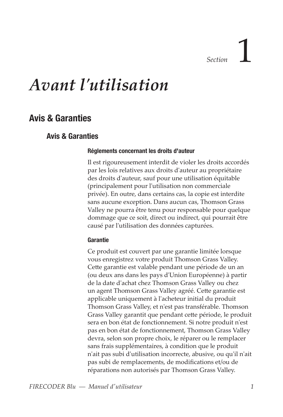 Avant l'utilisation, Avis & garanties | Grass Valley FIRECODER Blu User Manual | Page 149 / 216