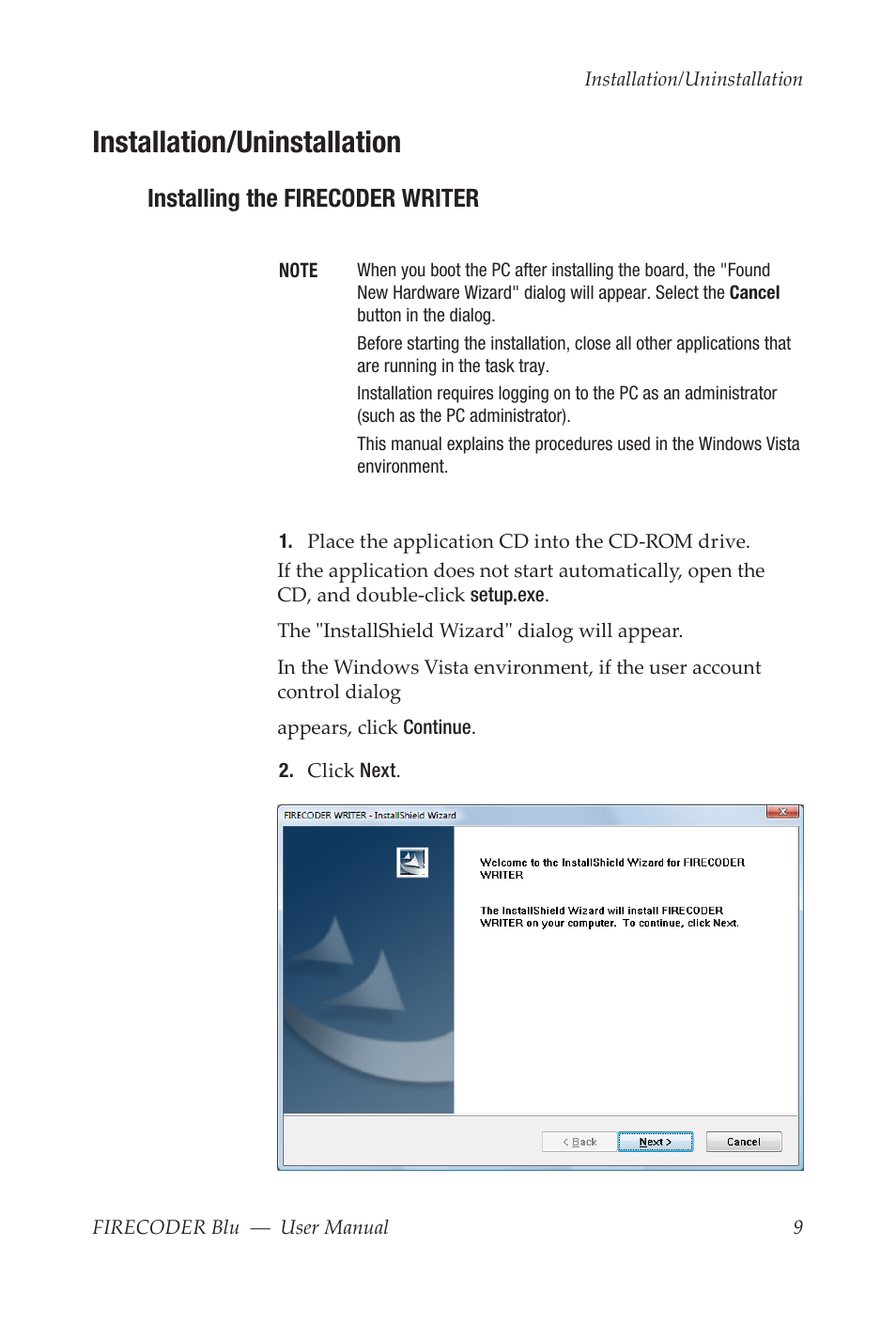 Installation/uninstallation, Installing the firecoder writer | Grass Valley FIRECODER Blu User Manual | Page 15 / 216