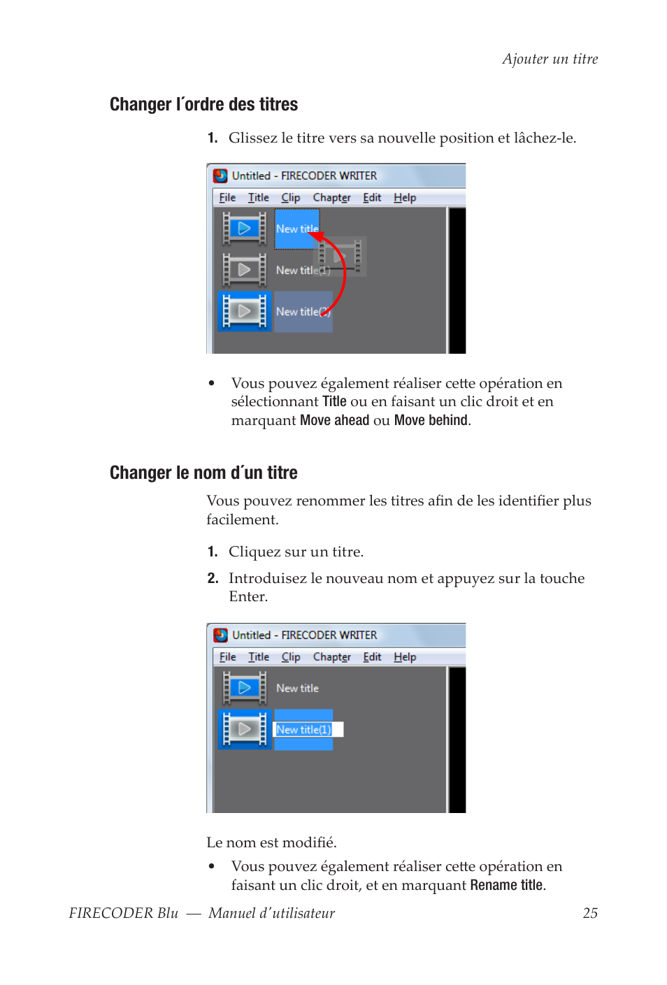 Changer l´ordre des titres, Changer le nom d´un titre | Grass Valley FIRECODER Blu User Manual | Page 173 / 216