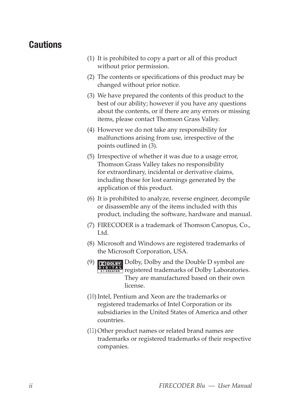 Cautions | Grass Valley FIRECODER Blu User Manual | Page 2 / 216
