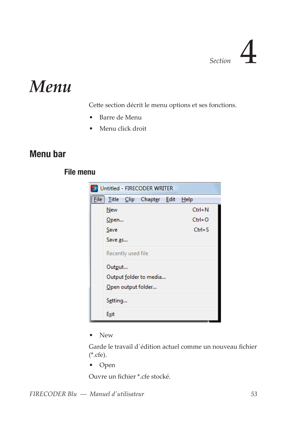 Menu, Menu bar, File menu | Grass Valley FIRECODER Blu User Manual | Page 201 / 216