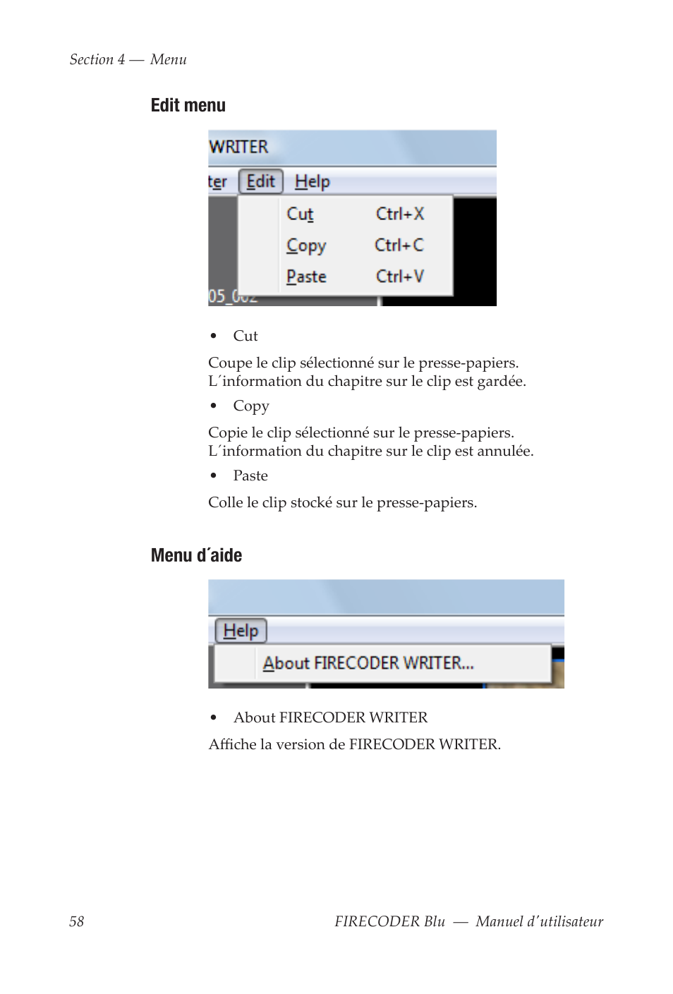 Edit menu, Menu d´aide | Grass Valley FIRECODER Blu User Manual | Page 206 / 216