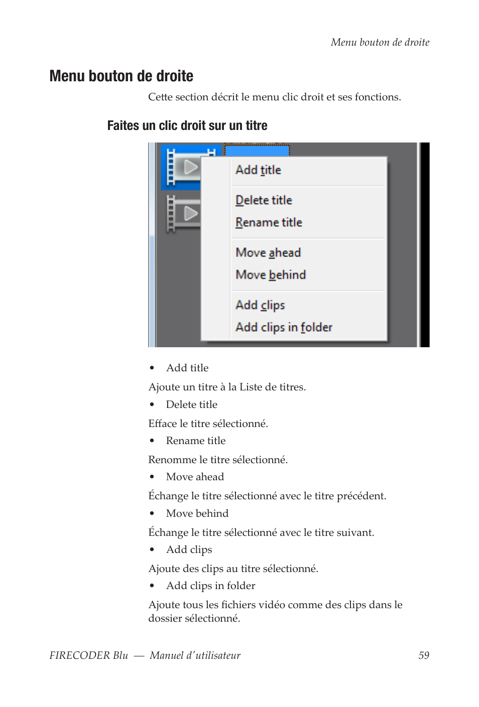 Menu bouton de droite, Faites un clic droit sur un titre | Grass Valley FIRECODER Blu User Manual | Page 207 / 216
