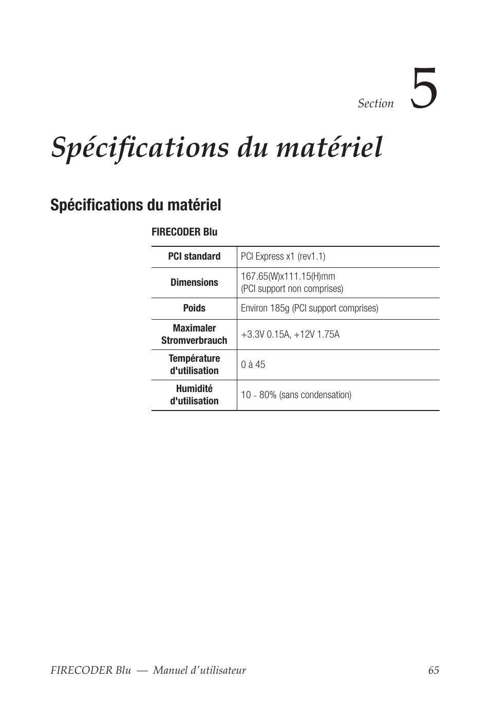 Spécifications du matériel | Grass Valley FIRECODER Blu User Manual | Page 213 / 216