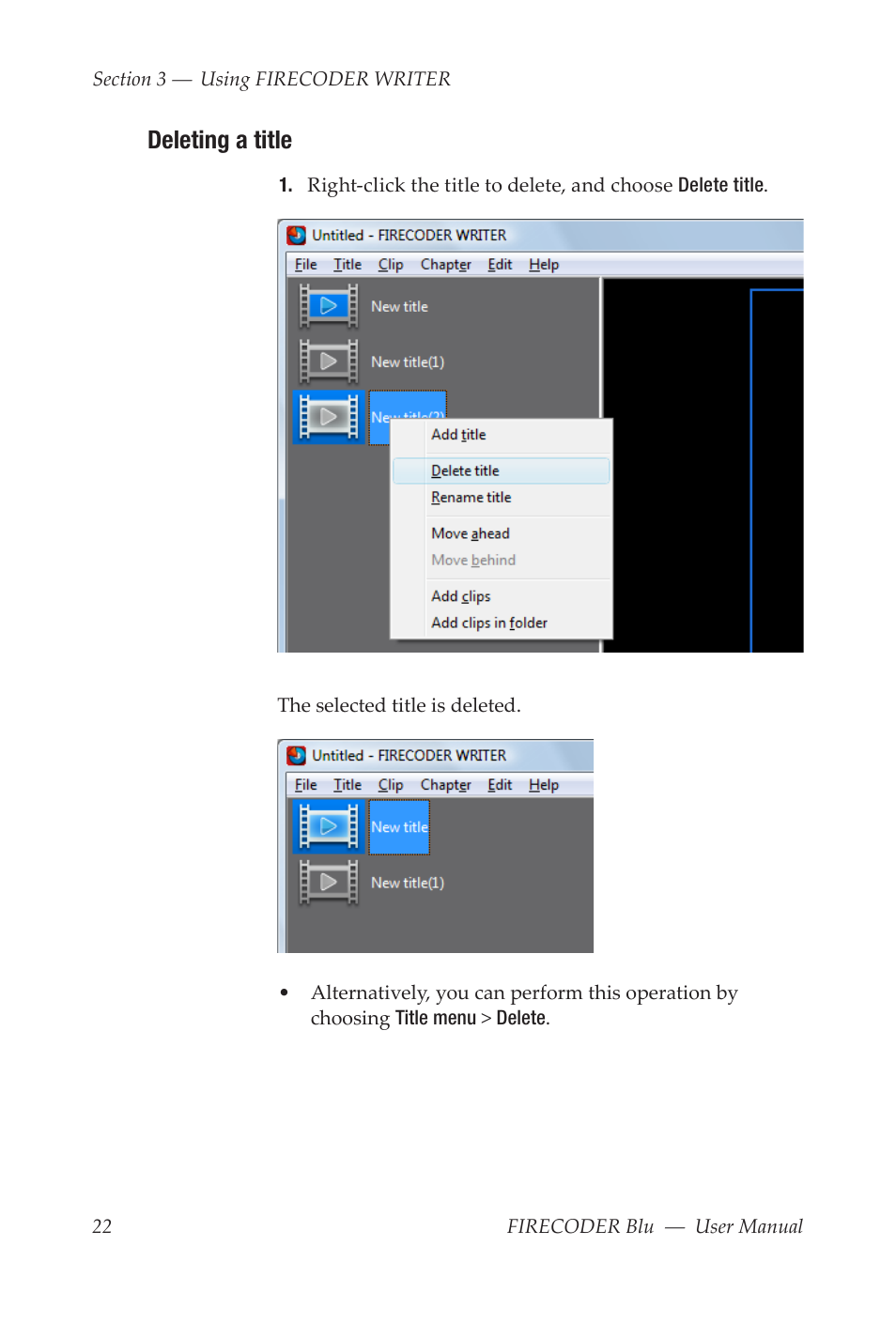 Deleting a title | Grass Valley FIRECODER Blu User Manual | Page 28 / 216
