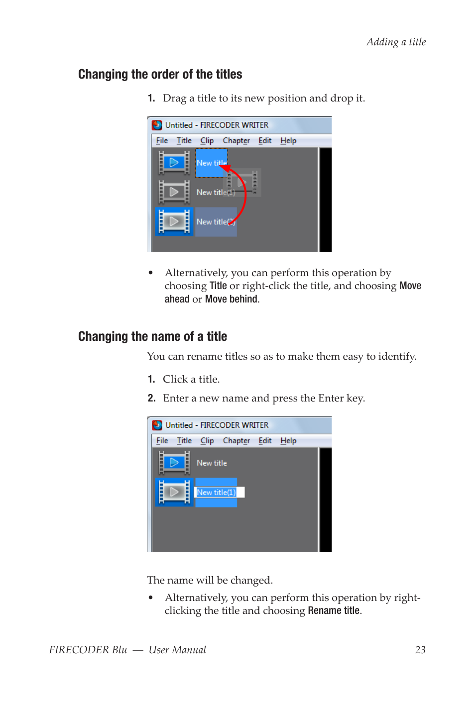 Changing the order of the titles, Changing the name of a title | Grass Valley FIRECODER Blu User Manual | Page 29 / 216