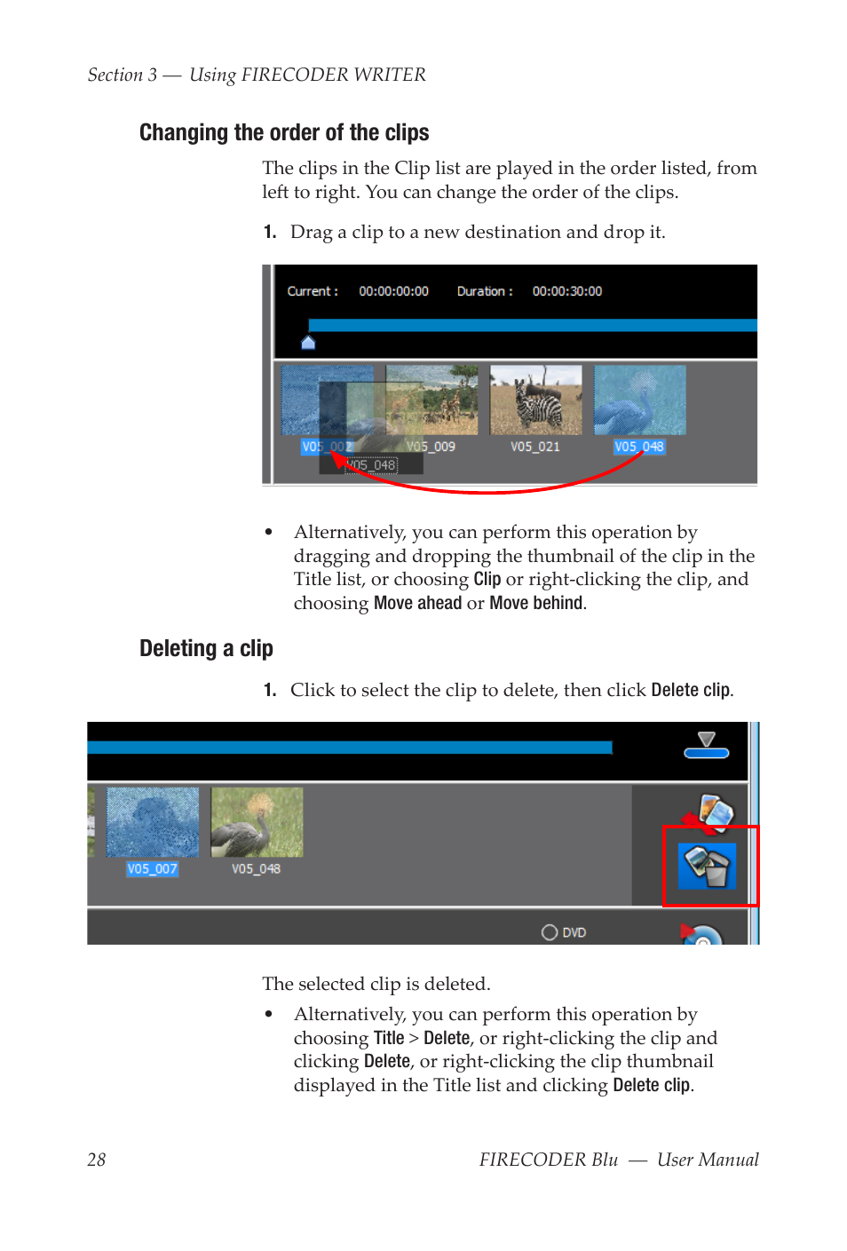 Changing the order of the clips, Deleting a clip | Grass Valley FIRECODER Blu User Manual | Page 34 / 216