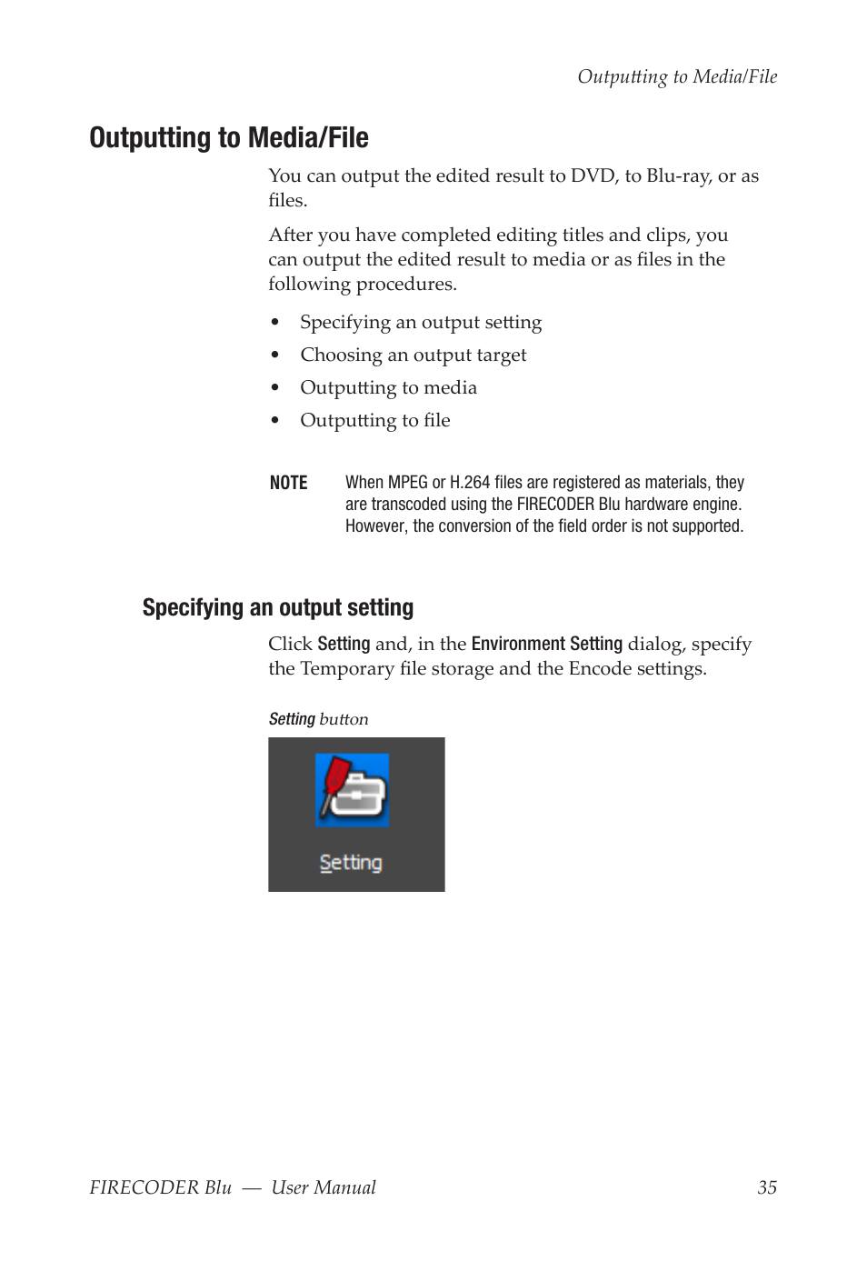 Outputting to media/file, Specifying an output setting | Grass Valley FIRECODER Blu User Manual | Page 41 / 216