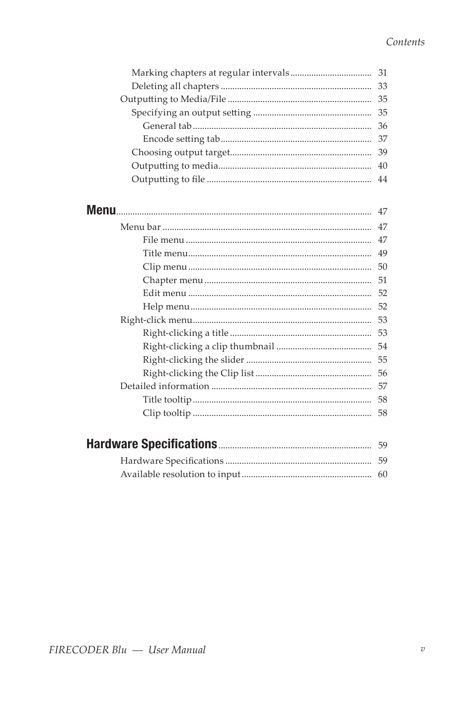 Menu, Hardware specifications | Grass Valley FIRECODER Blu User Manual | Page 5 / 216