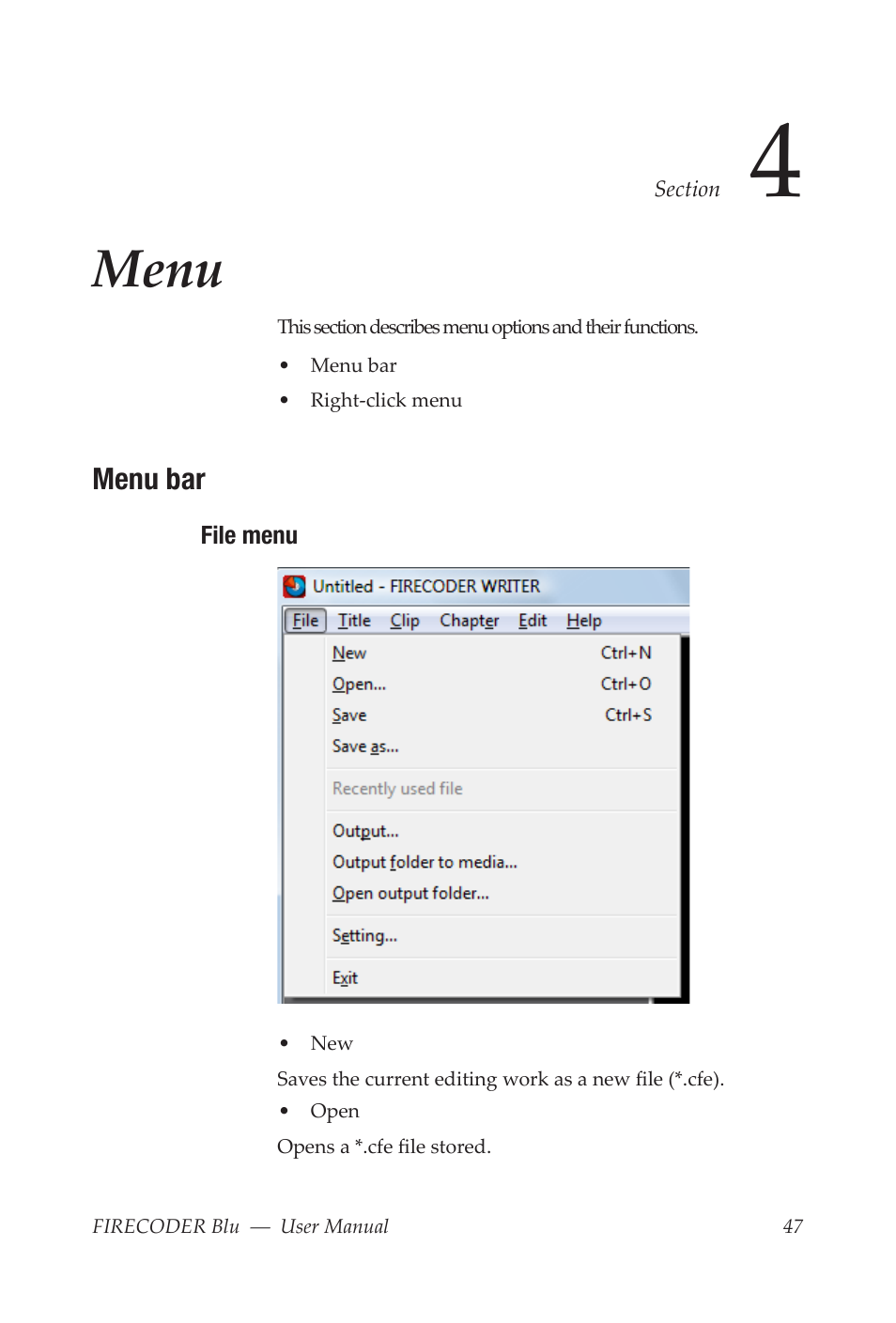 Menu, Menu bar, File menu | Grass Valley FIRECODER Blu User Manual | Page 53 / 216