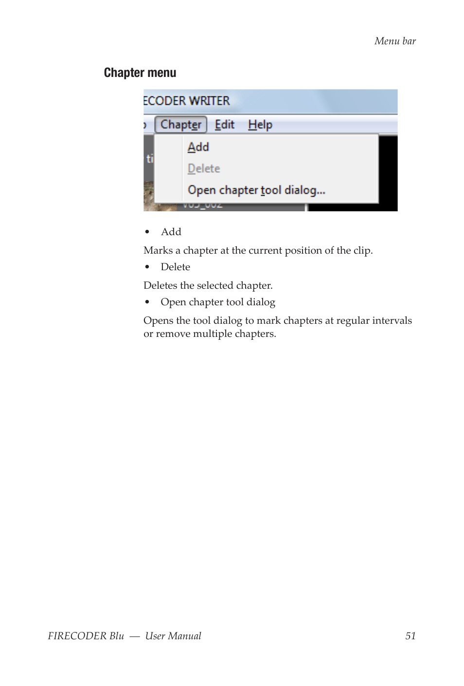 Chapter menu | Grass Valley FIRECODER Blu User Manual | Page 57 / 216