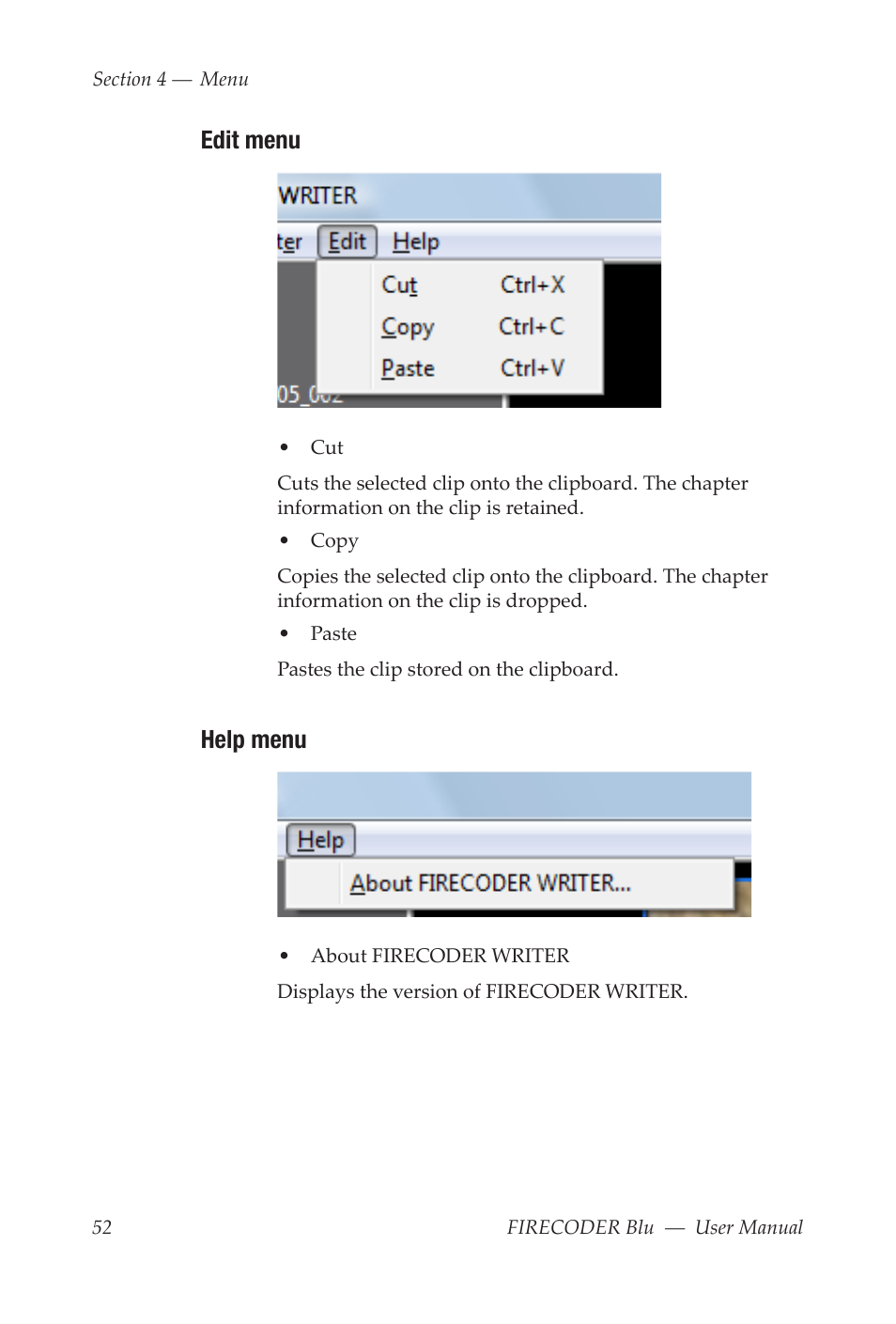 Edit menu, Help menu | Grass Valley FIRECODER Blu User Manual | Page 58 / 216