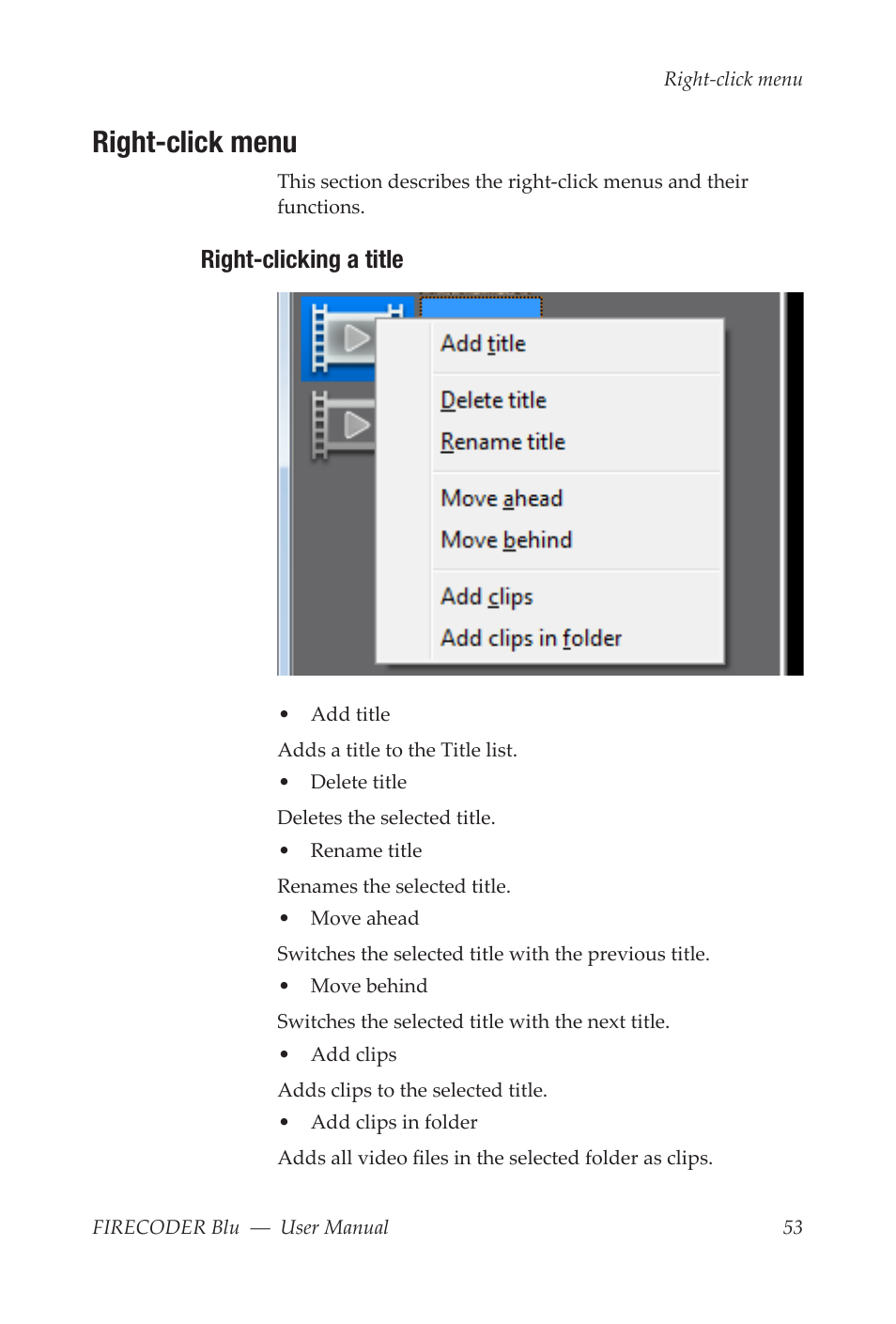 Right-click menu, Right-clicking a title | Grass Valley FIRECODER Blu User Manual | Page 59 / 216