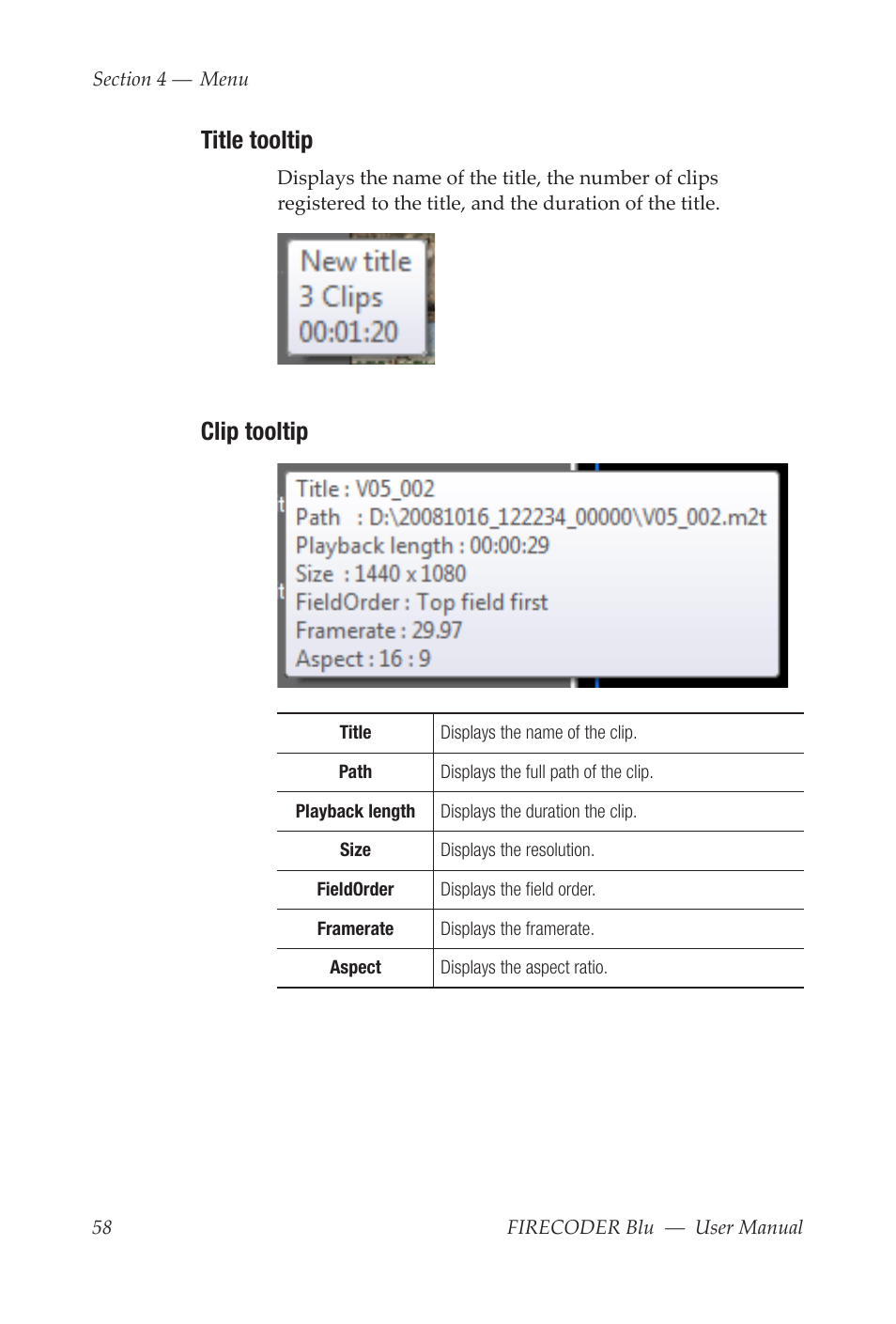 Title tooltip, Clip tooltip | Grass Valley FIRECODER Blu User Manual | Page 64 / 216