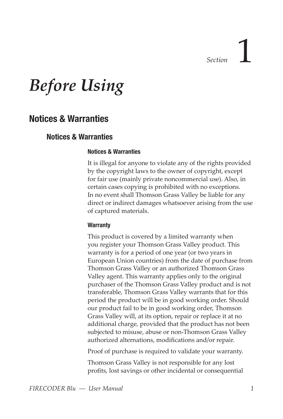 Before using, Notices & warranties | Grass Valley FIRECODER Blu User Manual | Page 7 / 216