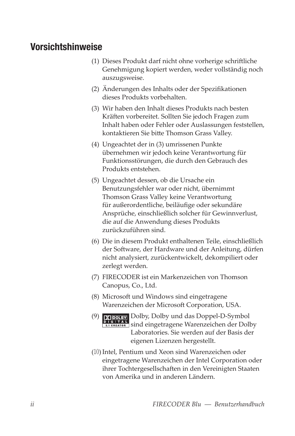 Vorsichtshinweise | Grass Valley FIRECODER Blu User Manual | Page 70 / 216