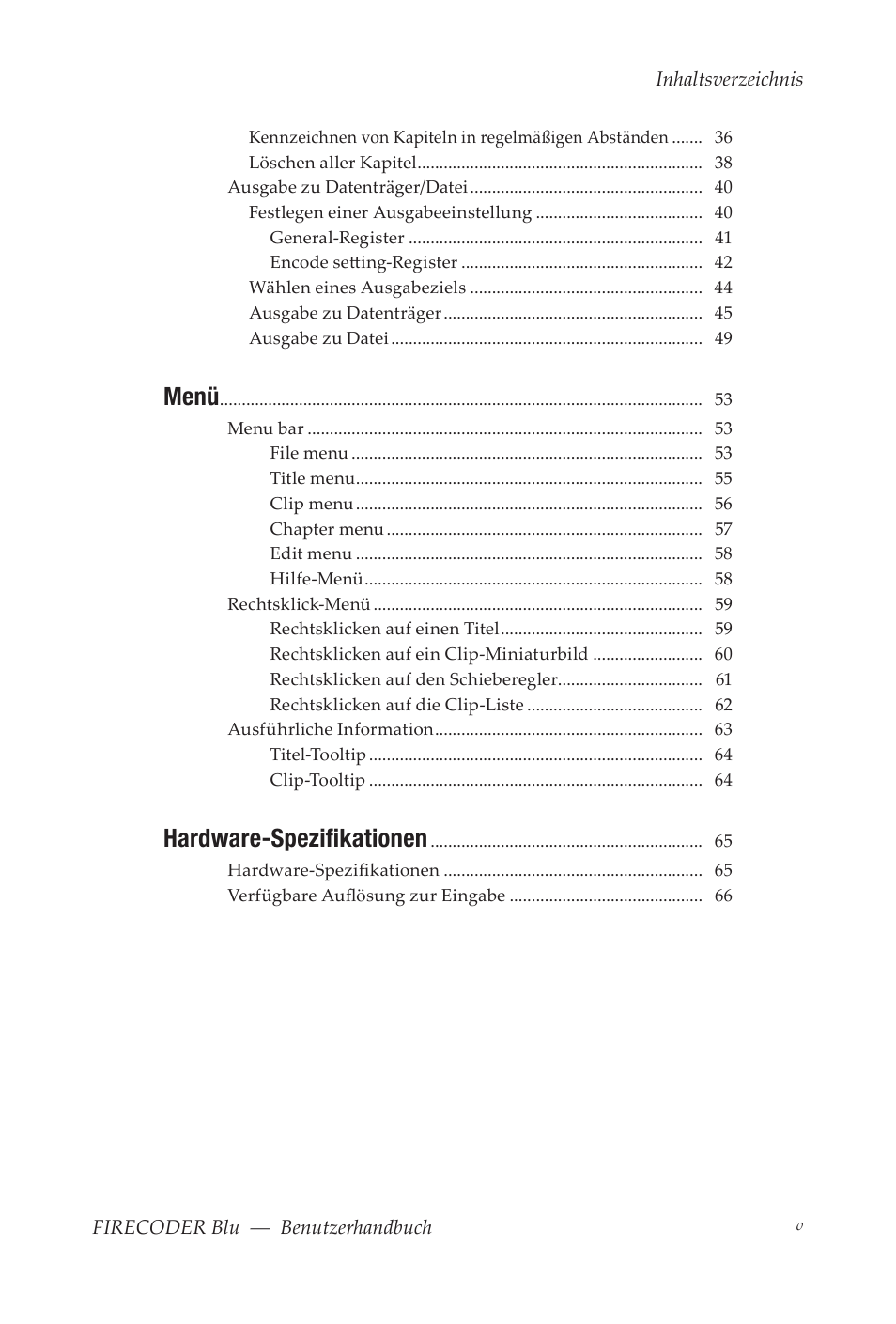 Menü, Hardware-spezifikationen | Grass Valley FIRECODER Blu User Manual | Page 73 / 216