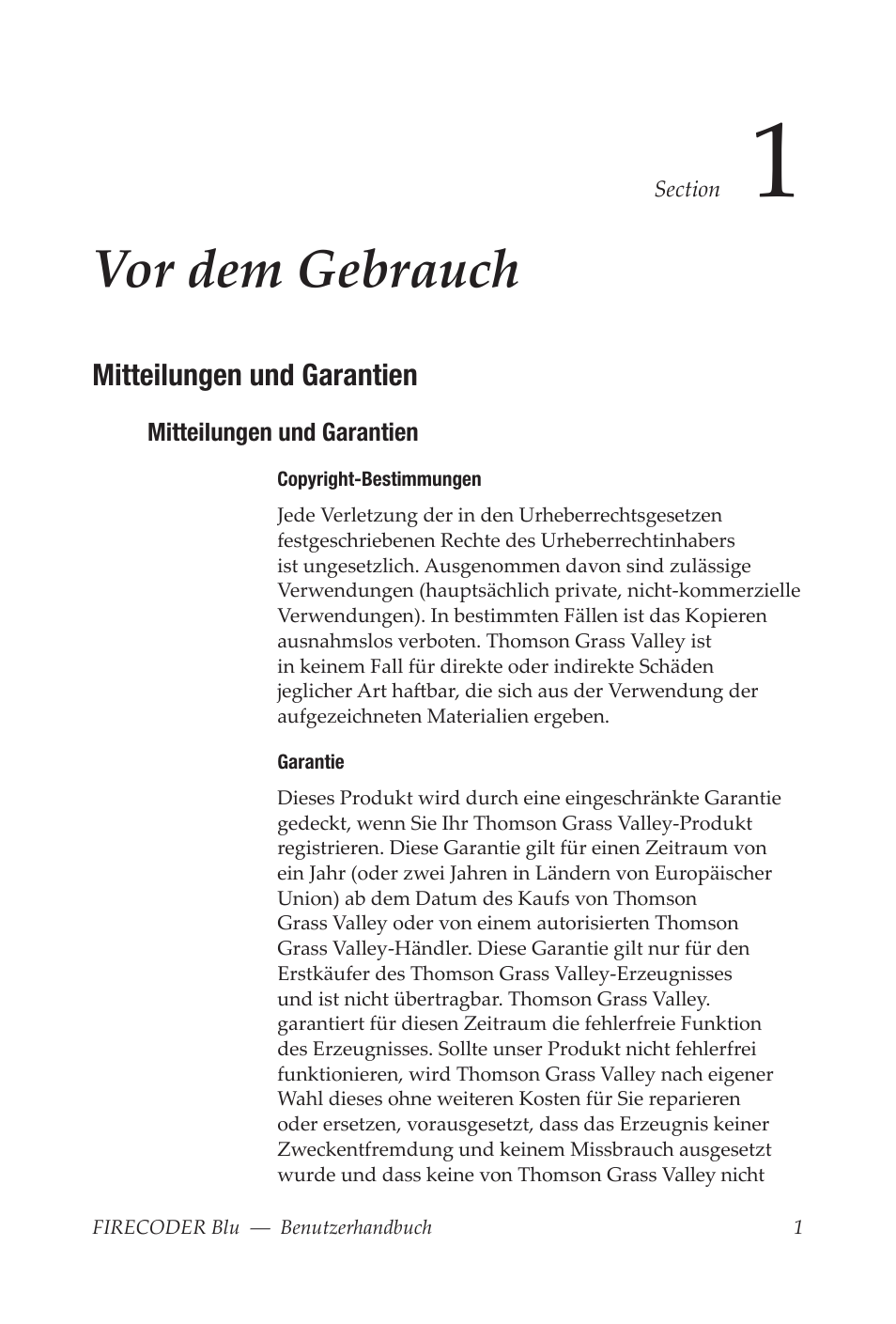 Vor dem gebrauch, Mitteilungen und garantien | Grass Valley FIRECODER Blu User Manual | Page 75 / 216